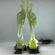 Natural Light Green Serpentine Pair of Cranes Bird with Wooden Stand Display 1,231.1g Each about 135.0 by 60.0 by 240.0mm - Huangs Jadeite and Jewelry Pte Ltd