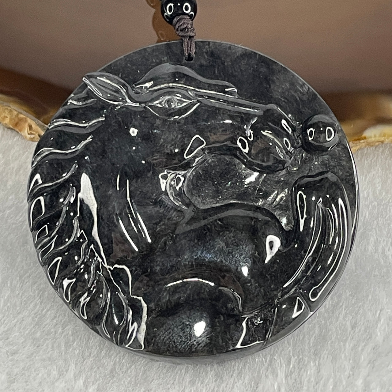 Natural Type A Translucent Wuji Grey Black Horse Pendant with Onyx and Green Agate Beads Necklace 38.92g 54.5 by 54.4 by 7.4mm