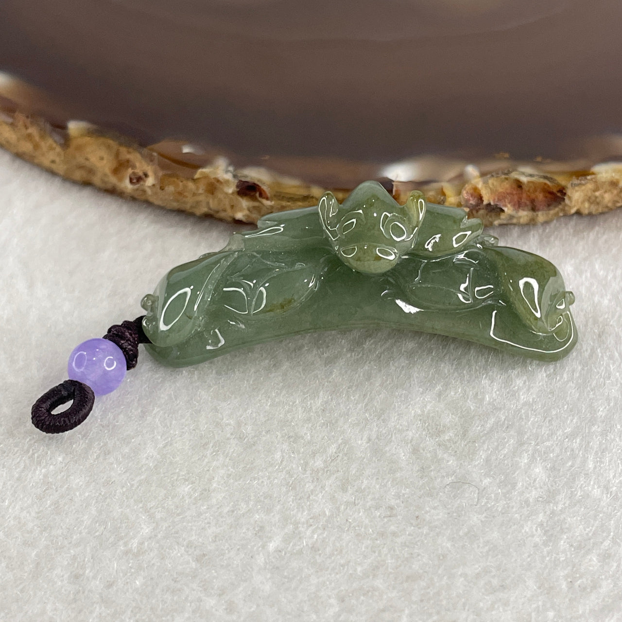 Natural Type A Green with Brownish Jadeite Bat with Coins and Ruyi Pendant Charm 16.14g 50.7 by 15.0 by 14.7mm - Huangs Jadeite and Jewelry Pte Ltd