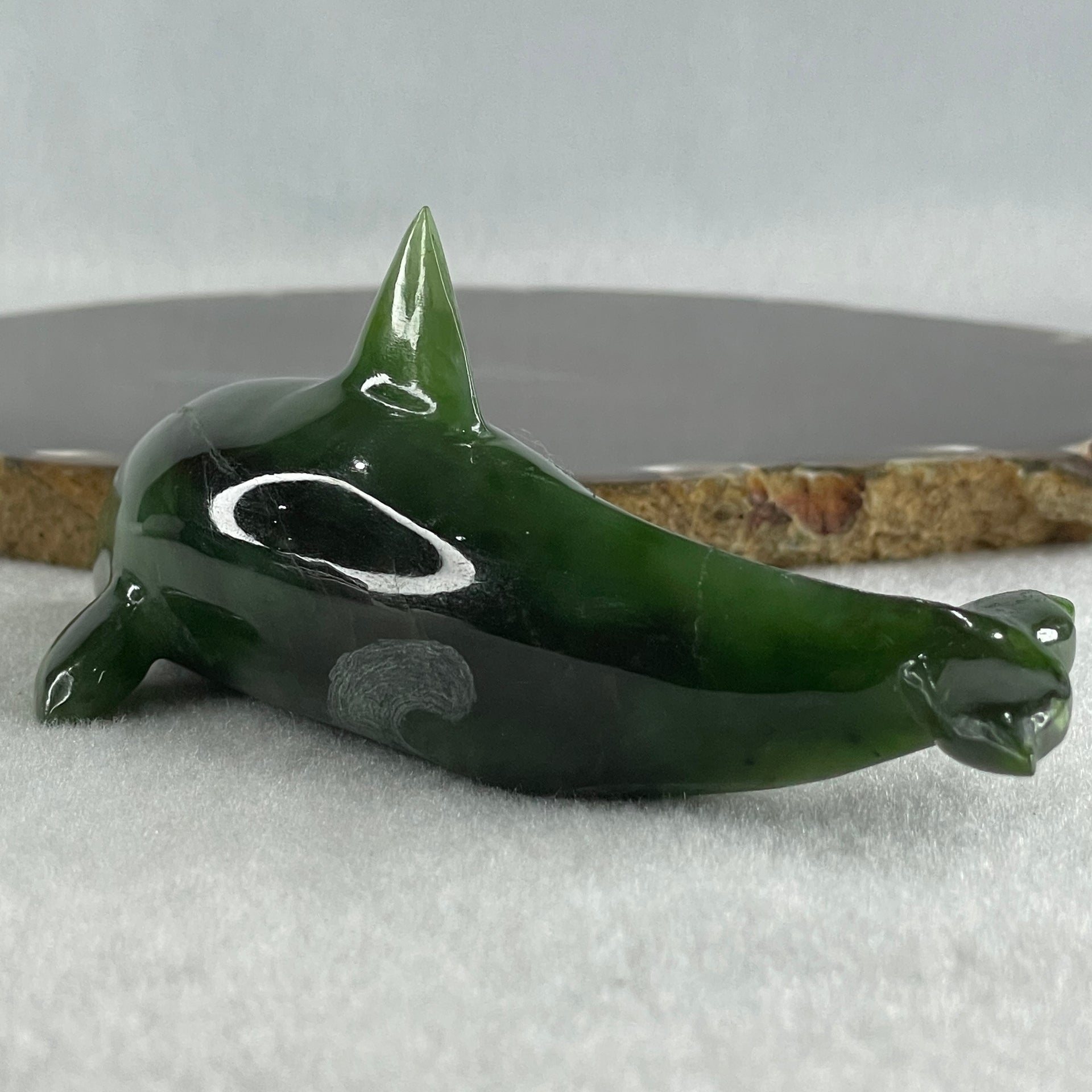 Natural Dark Green Serpentine Killer Whale Display 130.1g 122.0 by 52.0 by 50.0mm - Huangs Jadeite and Jewelry Pte Ltd