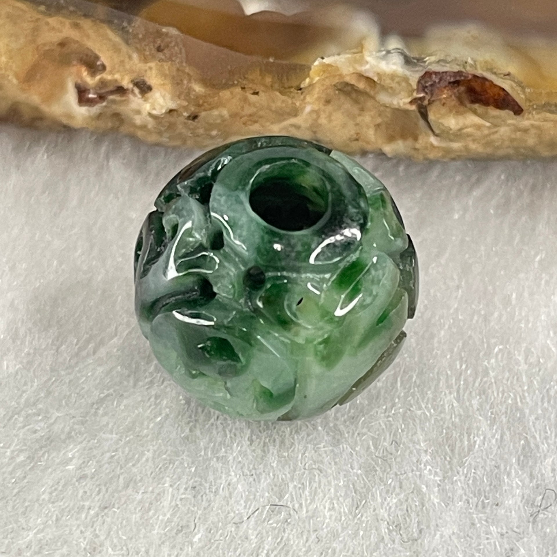 Natural Type A Lao Keng Old Mine Green with Light Green Jadeite Flora Carving Bead Charm 1.91g 12.5mm - Huangs Jadeite and Jewelry Pte Ltd