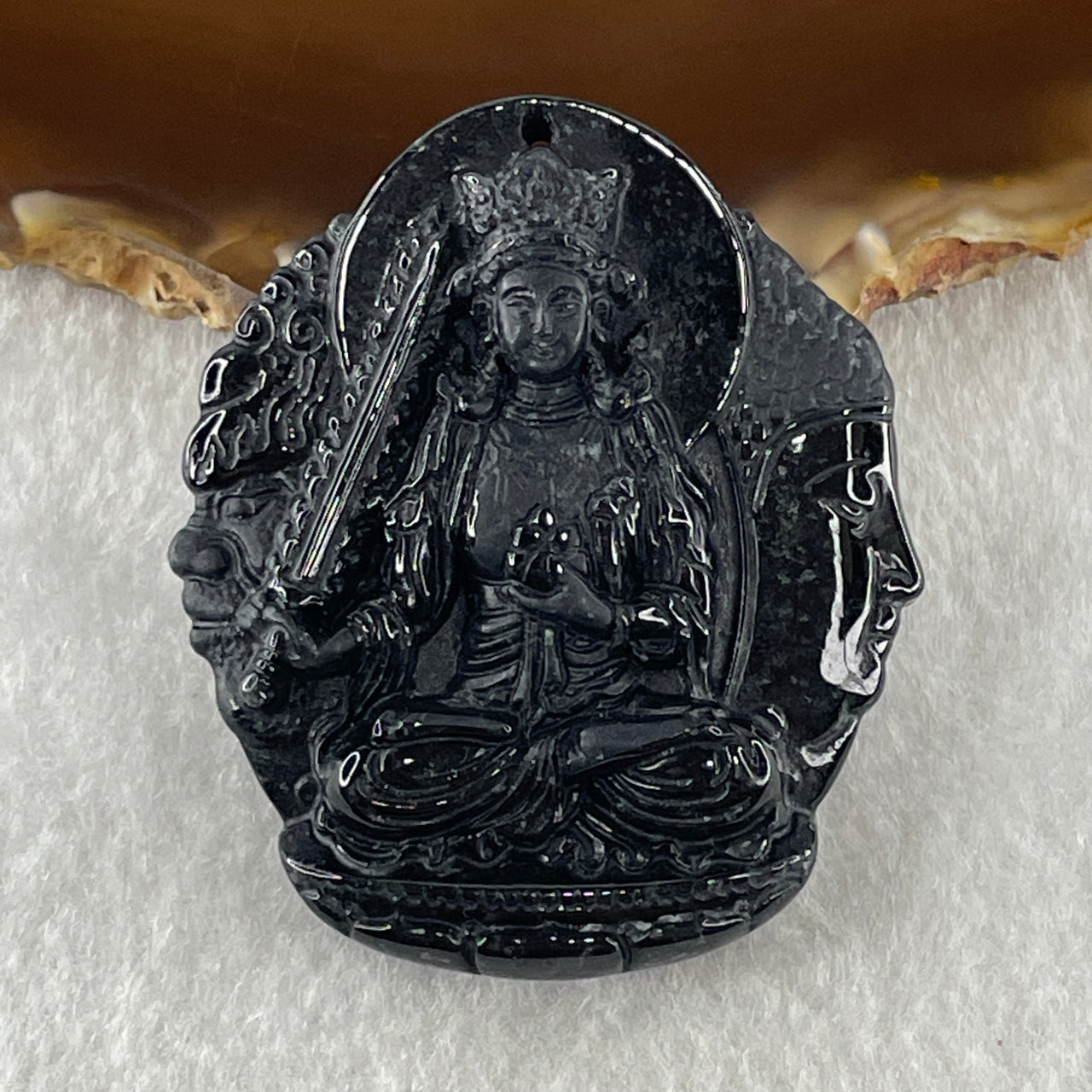 Type A Opaque Black Omphacite Jadeite Good Vs Evil Akasagarbha Bodhissattva Pendant Ox and Tiger Zodiac Guardian 45.77g 50.8 by 43.8 by 13.1mm - Huangs Jadeite and Jewelry Pte Ltd