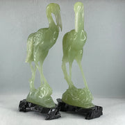 Natural Light Green Serpentine Pair of Cranes Bird with Wooden Stand Display 1,231.1g Each about 135.0 by 60.0 by 240.0mm - Huangs Jadeite and Jewelry Pte Ltd