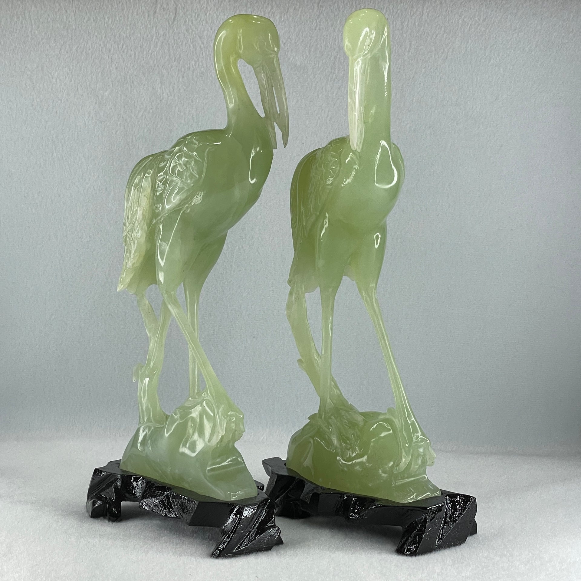 Natural Light Green Serpentine Pair of Cranes Bird with Wooden Stand Display 1,231.1g Each about 135.0 by 60.0 by 240.0mm - Huangs Jadeite and Jewelry Pte Ltd