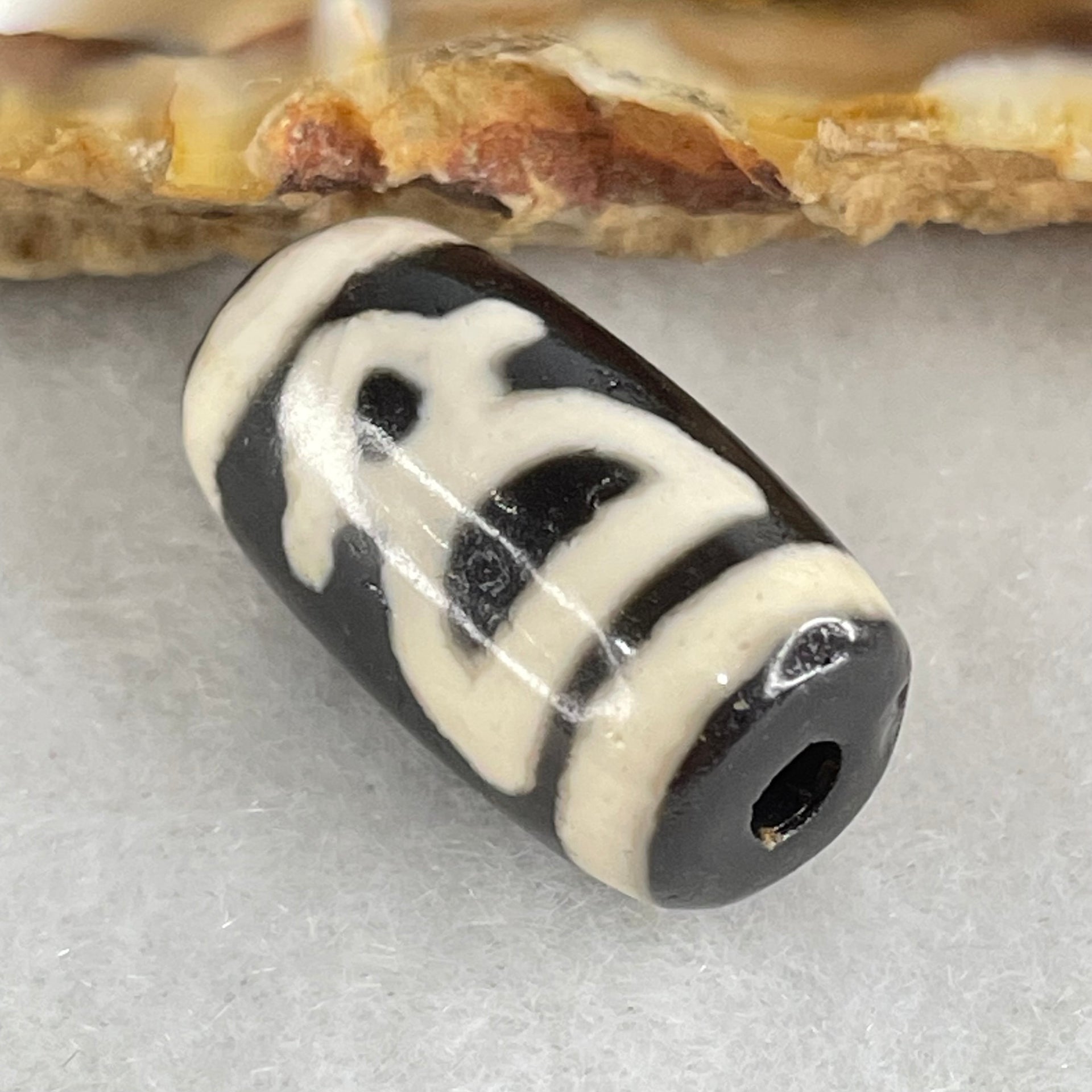 Natural Powerful Tibetan Old Oily Double Agate Cai Shen Dzi Bead Heavenly Master (Tian Zhu) 财神天珠 3.48g 19.2 by 10.6mm - Huangs Jadeite and Jewelry Pte Ltd