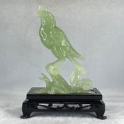 Natural Green Serpentine Javan Mynah Birds on Tree with Wooden Stand Display 430.6g 137.0 by 190.0 by 75.0mm - Huangs Jadeite and Jewelry Pte Ltd