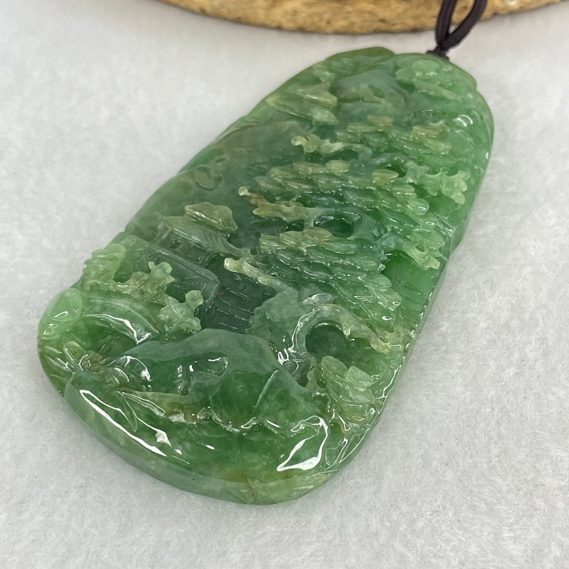 Type A Green Jadeite Double Sided Shan Shui with Double Gui Ren Benefactor Pendant 64.09g 75.6 by 42.6 by 11.2mm - Huangs Jadeite and Jewelry Pte Ltd