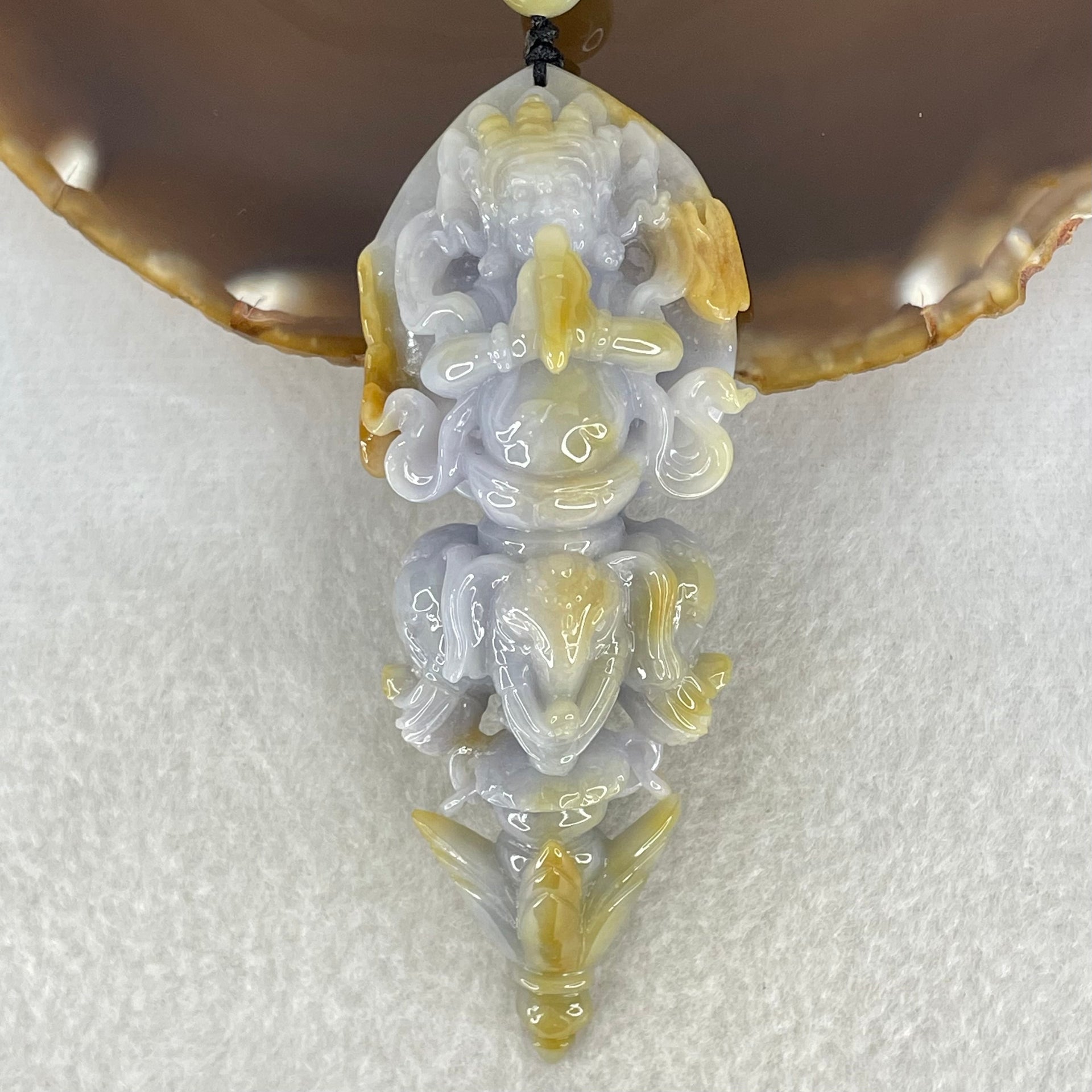 Type A Deep Lavender with Brownish Patches Jadeite Acala on 3 Elephants and Dagger Pendant Necklace 72.27g 89.6 by 34.0 by 20.3mm - Huangs Jadeite and Jewelry Pte Ltd