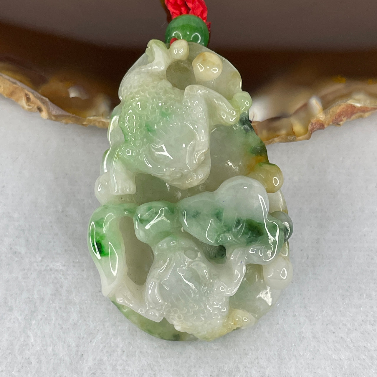 Natural Type A Tricolor Lavender, Green & Yellowish Jadeite Double 3-Legged Toad with Ruyi Pendant | Certified Untreated Fei Cui Gemstone Carving (18.94g | 42.0mm x 27.7mm x 10.0mm)