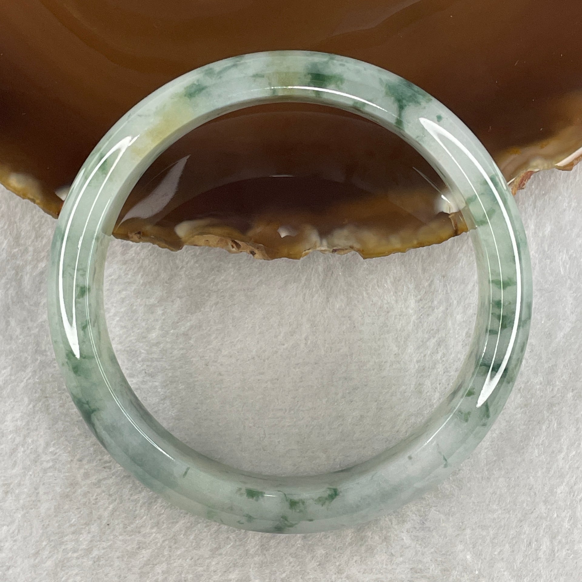 Certified Natural Type A Jelly Light Green with Spicy Green Piao Hua Jadeite Bangle 57.20g Internal Diameter 58.4mm 14.1 by 7.7mm (Perfect) - Huangs Jadeite and Jewelry Pte Ltd