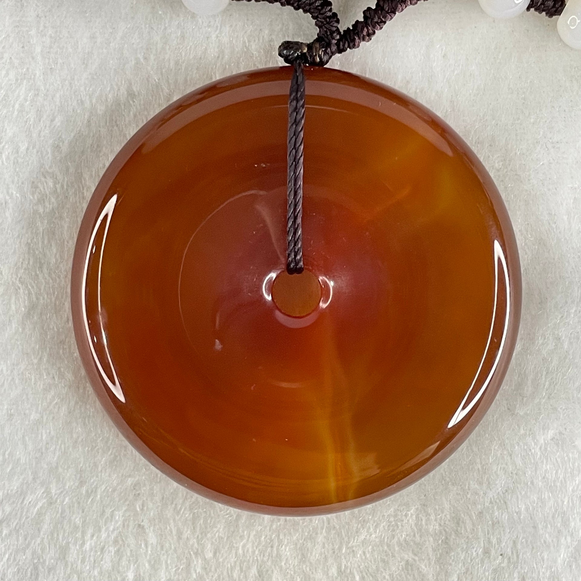 Natural Red Chalcedony Ping An Kou Donut 55.771g 52.6 by 11.2mm with White Crystal Beads Necklace 60cm - Huangs Jadeite and Jewelry Pte Ltd
