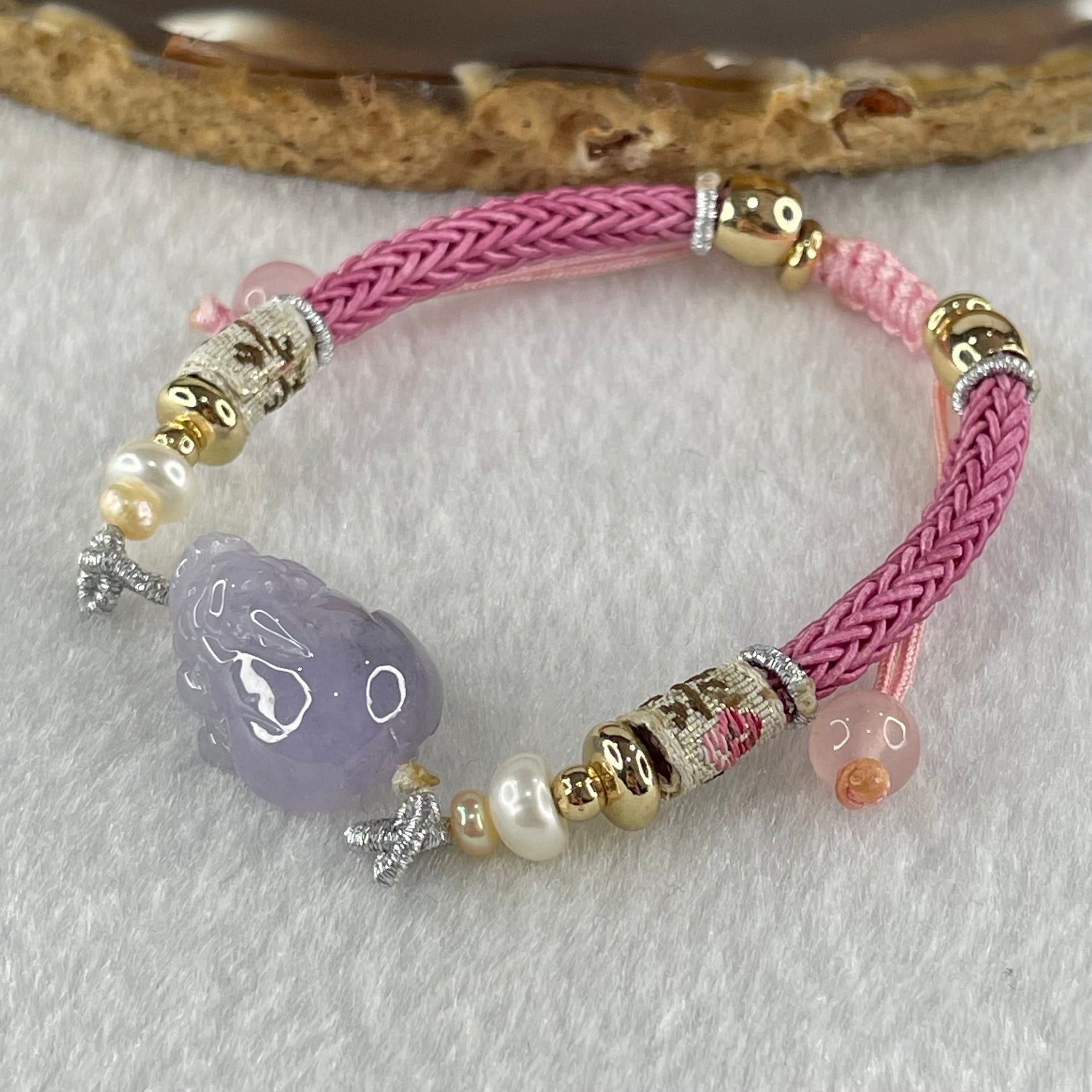 Type A Lavender Jadeite Male Pixiu Charm in String Bracelet 7.02g 17.2 by 12.4 by 7.5mm - Huangs Jadeite and Jewelry Pte Ltd