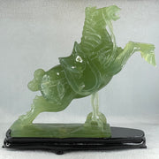 Natural Semi Icy Green Serpentine Victory Horse with Wooden Stand Display 2,644.2g 270.0 by 96.0 by 260.0mm - Huangs Jadeite and Jewelry Pte Ltd