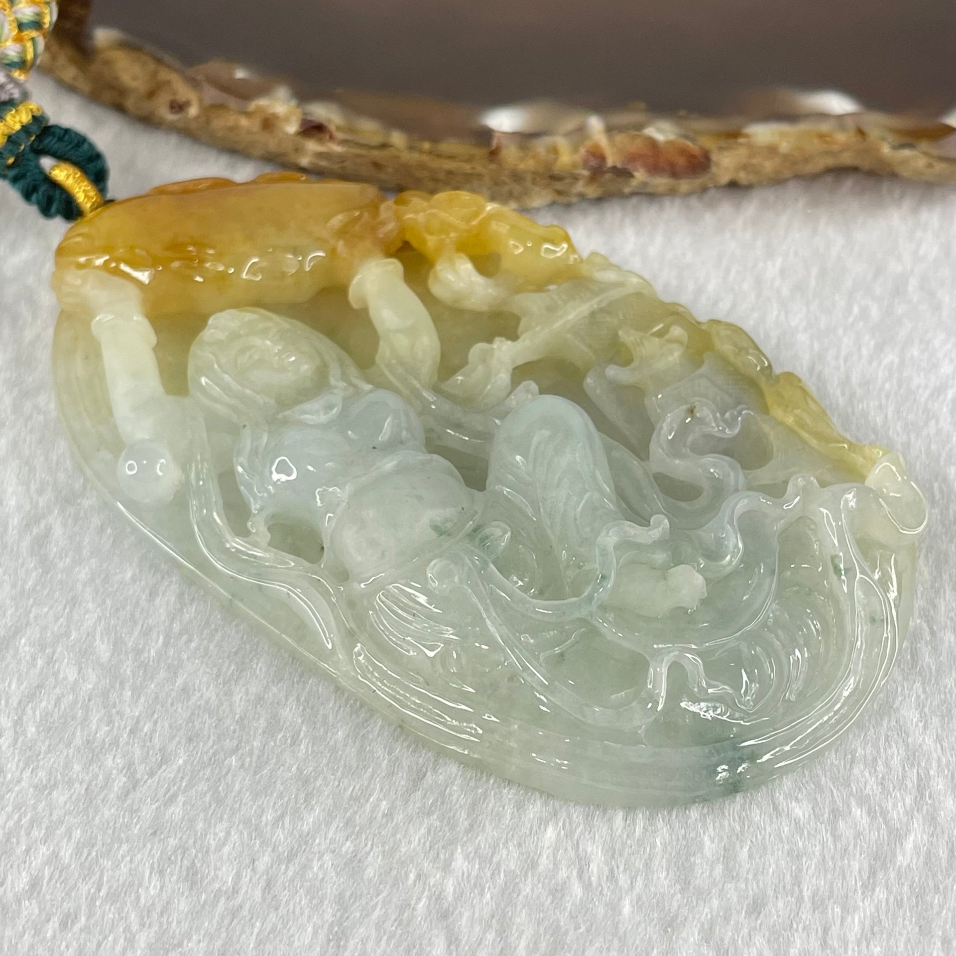 Type A Light Faint and Lavender with Yellow Brownish Red Patches Jadeite Double Sided Chinese Flying Fairy With Dragon and Shan Shui Pendant 100.99g 83.7 by 50.6 by 12.0mm - Huangs Jadeite and Jewelry Pte Ltd