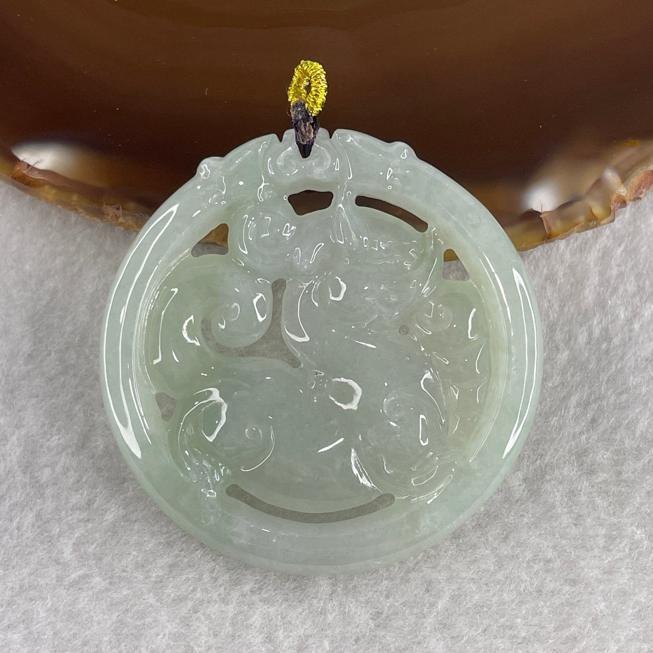 Natural Type A Jelly Green Jadeite Qlin with Double Dragon Head Pendant 25.65g 49.5 by 6.4mm - Huangs Jadeite and Jewelry Pte Ltd
