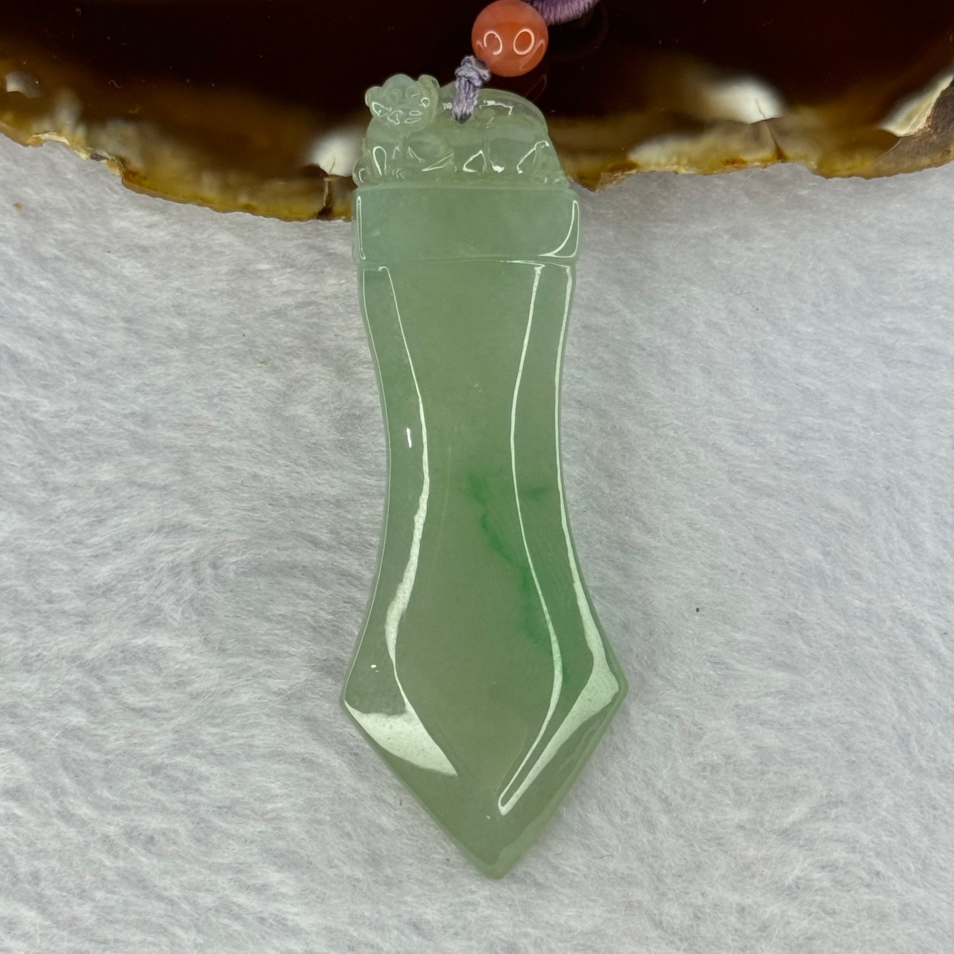 Type A Green Jadeite Monkey on Sword Pendent 20.03g 62.4 by 22.7 by 6.8mm - Huangs Jadeite and Jewelry Pte Ltd
