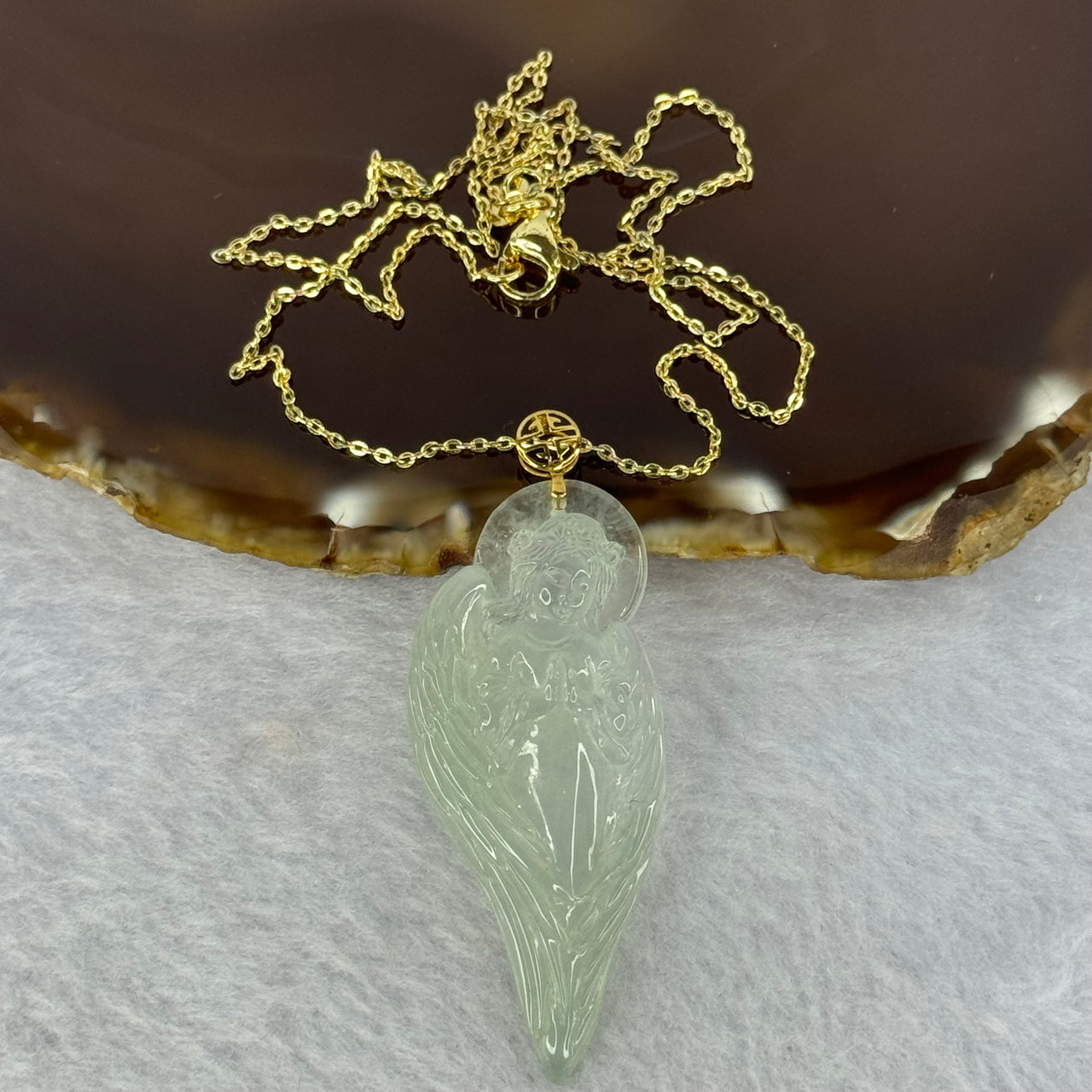 Type A Icy Light Green Jadeite Angel Pendent in 18K Gold Clasp with S925 Sliver Gold Color Necklace 8.90g 47.6 by 20.0 by 5.0mm - Huangs Jadeite and Jewelry Pte Ltd