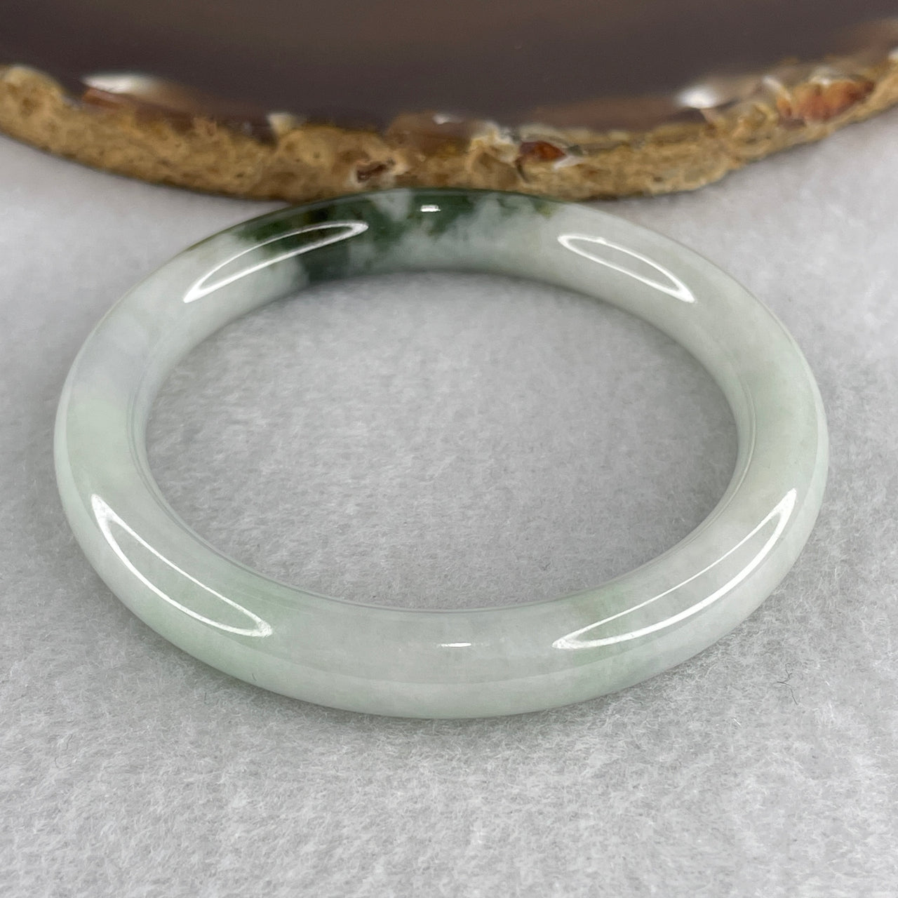 Genuine Grade A Jadeite Bangle 50.6mm Inner Diameter - Light Green Jade with Dark Green Floating Flowers (Piao Hua) - 29.92g Natural Jadeite Jewelry 8.4 by 8.7mm (Internal Lines)