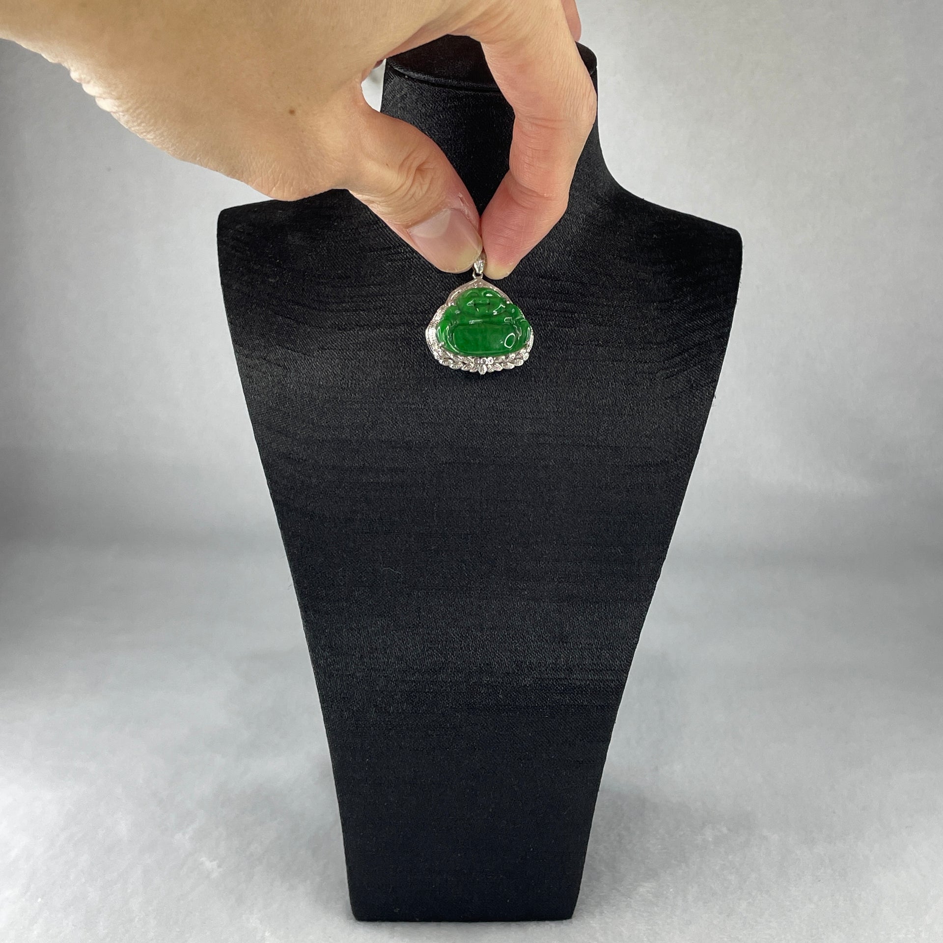 Type A Burmese Intense Green Jadeite Milo Laughing Buddha Pendant Setting 18k White Gold with Diamonds 3.40g 28.0 by 24.4 by 6.7mm - Huangs Jadeite and Jewelry Pte Ltd