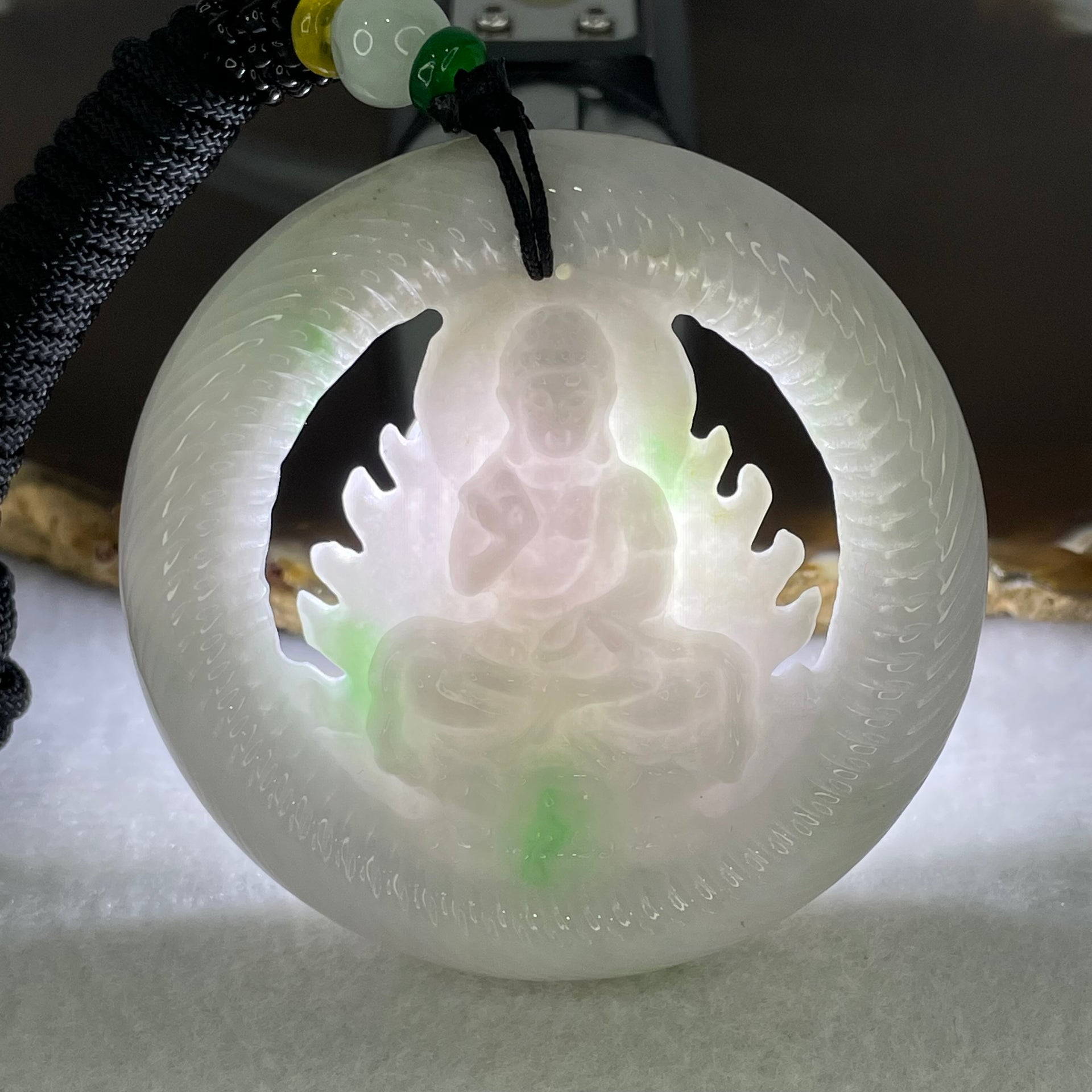 Type A Light Lavender Green Jadeite Buddha Ping An Kou Donut Pendant 74.33g 56.4 by 13.6mm - Huangs Jadeite and Jewelry Pte Ltd