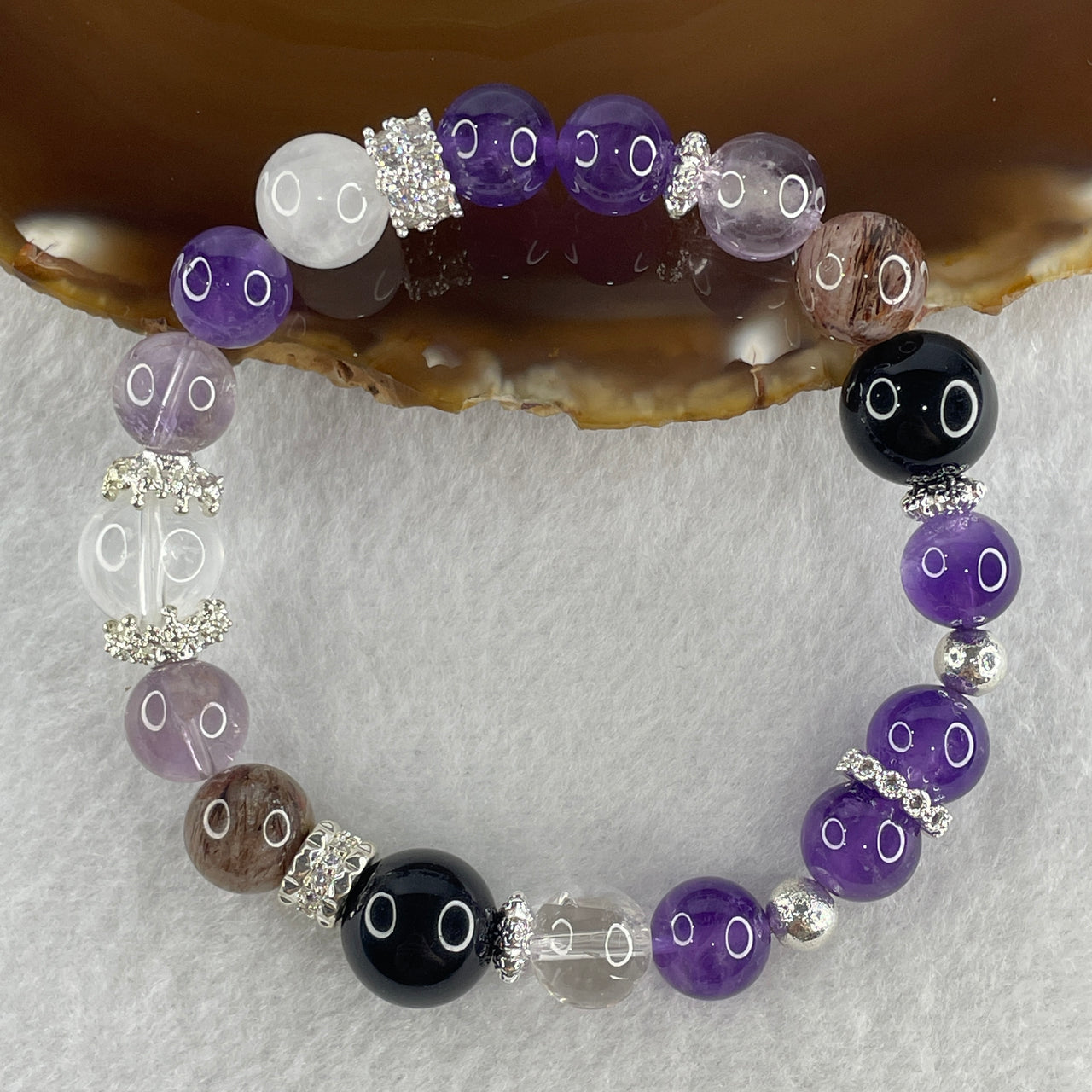 Natural Amethyst with Clear Quartz, Onyx, Copper Rutilated Beads with Charms Bracelet 32.57g 17cm 9.8mm-12Beads 12.7mm-4Beads - Huangs Jadeite and Jewelry Pte Ltd