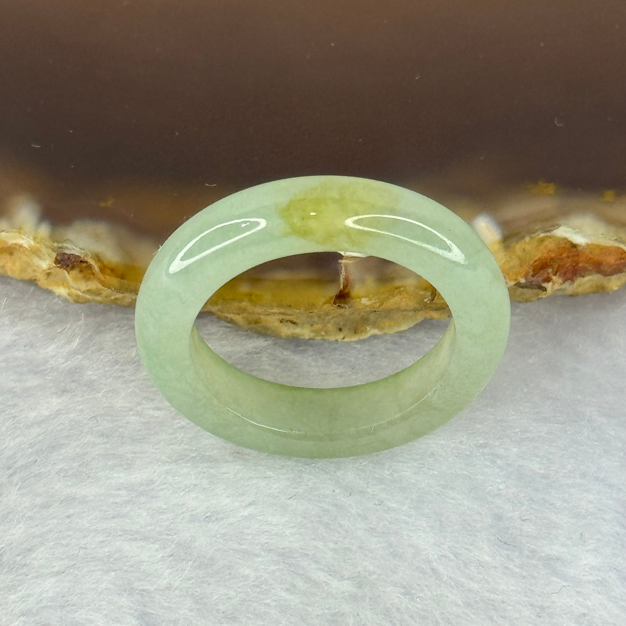 Type A Semi Icy Light Green with Yellow Brown Patch Jadeite Ring 3.26g 5.1 by 3.8mm US7.25 HK16 - Huangs Jadeite and Jewelry Pte Ltd