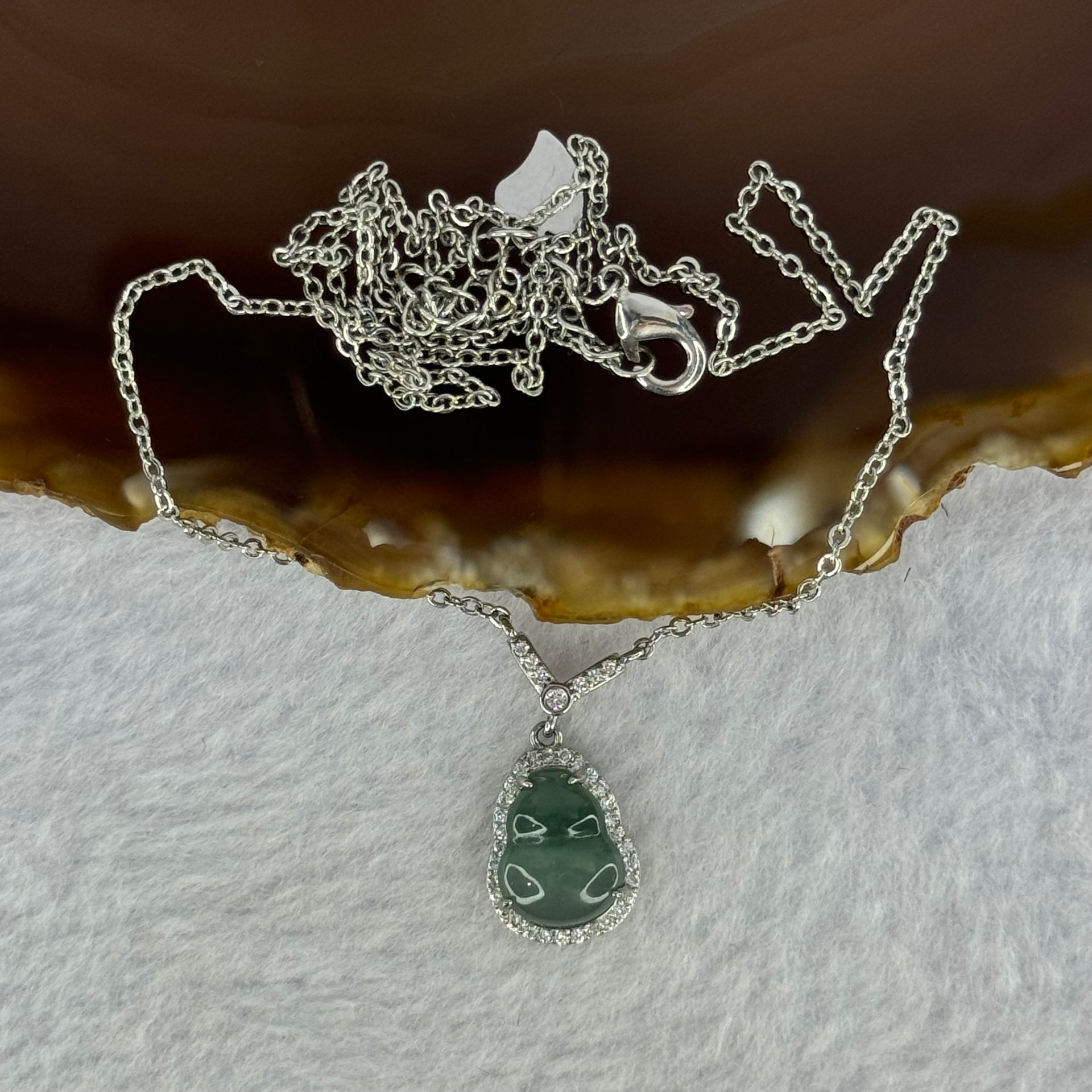 Type A Icy Blueish Green Jadeite Hulu Pendent in S925 Sliver Necklace 3.19g 11.1 by 8.2 by 2.5mm - Huangs Jadeite and Jewelry Pte Ltd