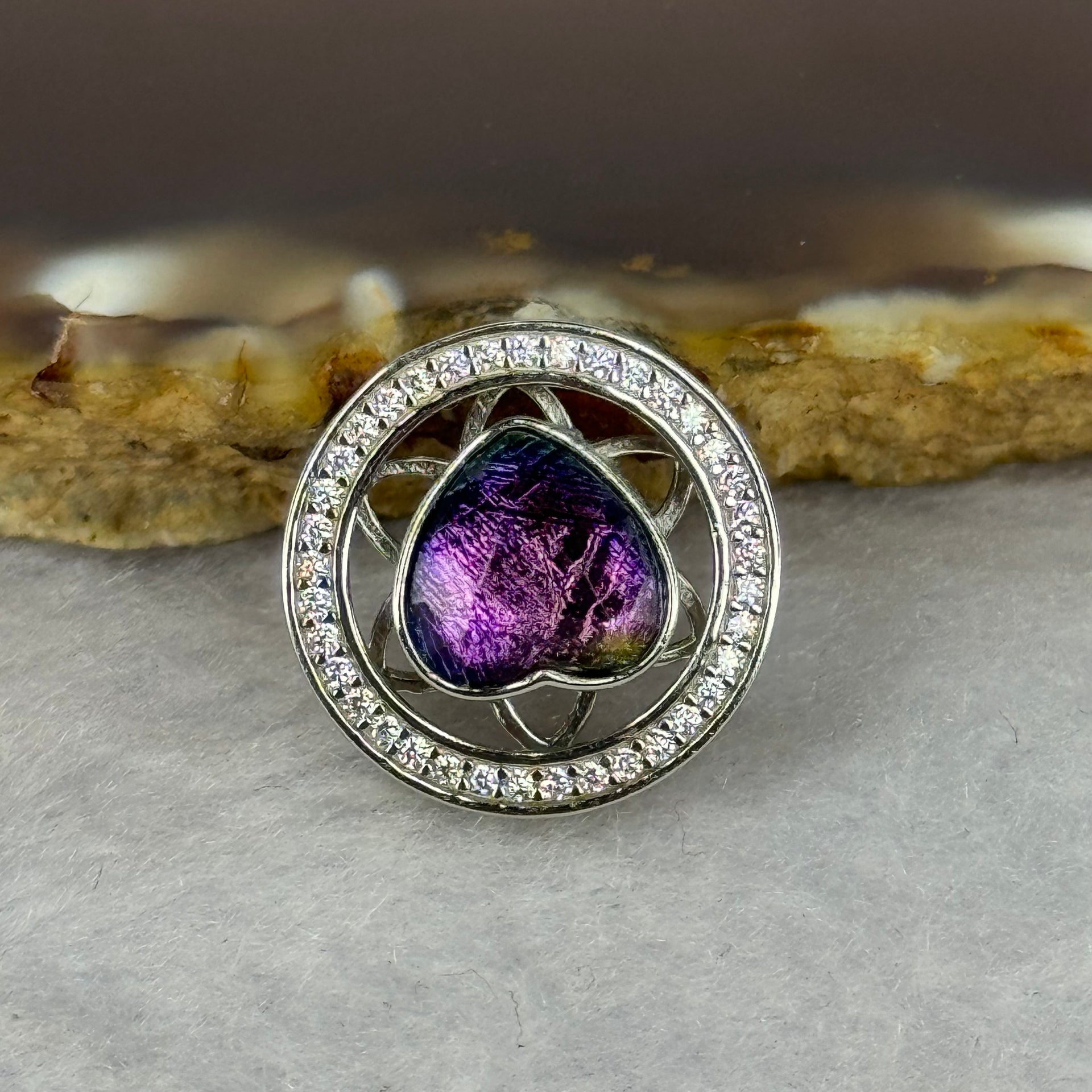 Natural Meteorite Powerful Energy Spinning Purple with Yellow Heart Charm in S925 Silver with Crystals For Necklace / Bracelet 2.85g 15.8 by 7.0mm - Huangs Jadeite and Jewelry Pte Ltd