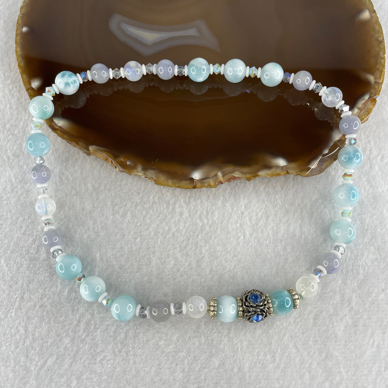 Natural Larimar and Blue Moonstone Beads Necklace with Charms 31.77g 17cm 9.2mm 11 Beads 7.8mm 13 Beads