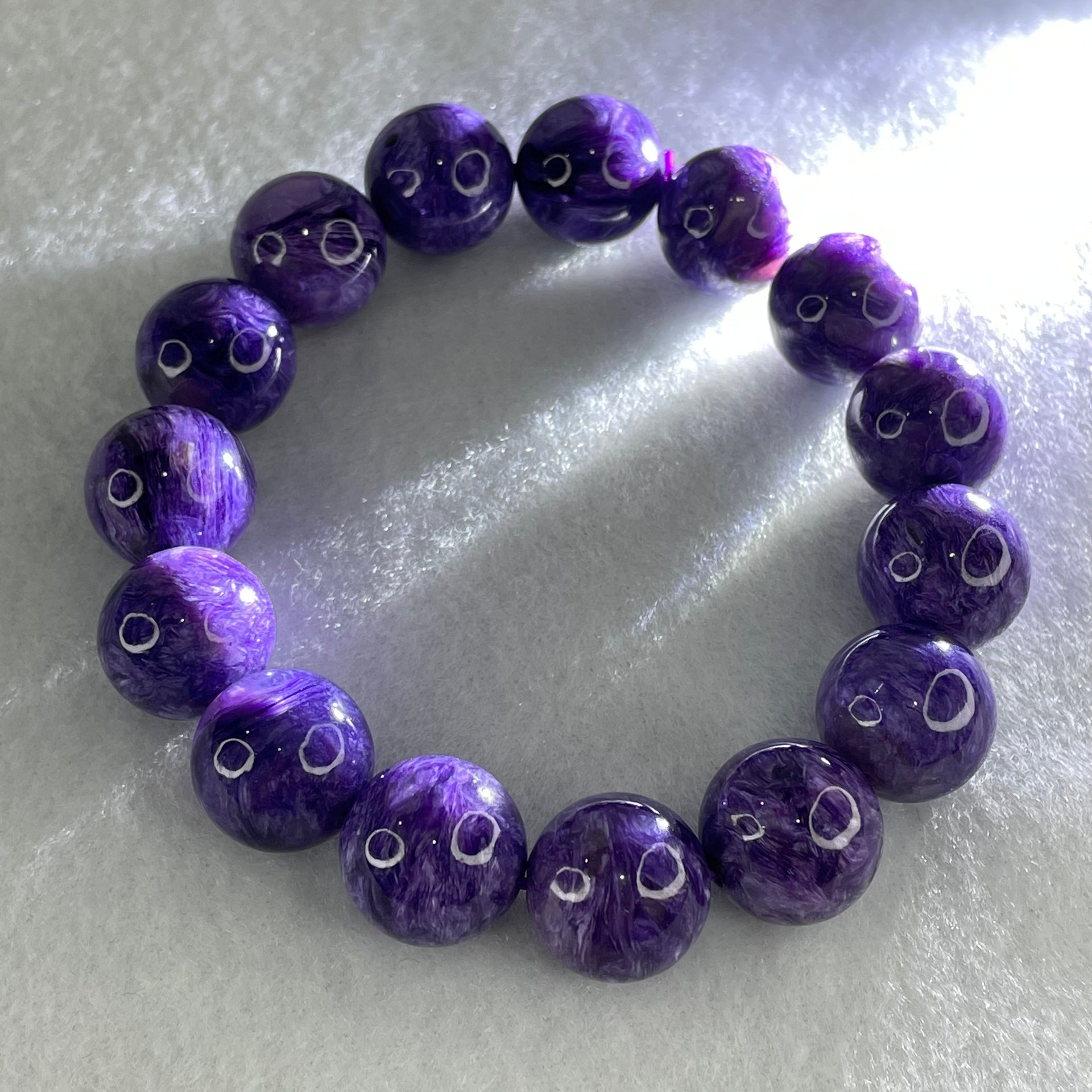 Good Grade Natural Charoite Beads Bracelet 58.855g 18.5mm 14.4mm 15 Beads - Huangs Jadeite and Jewelry Pte Ltd