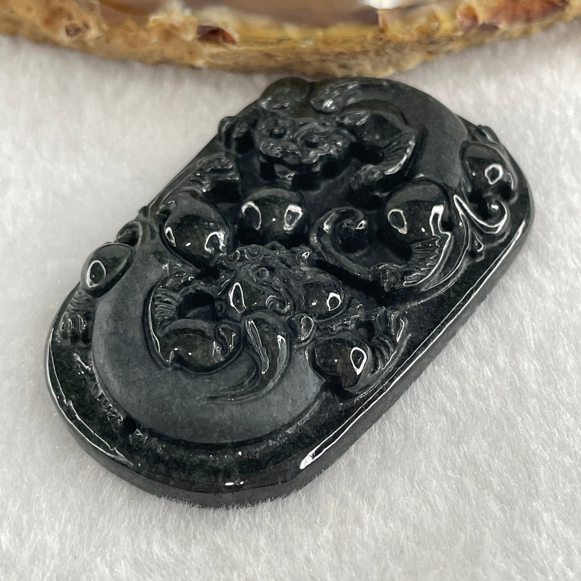Type A Opaque to Partial Translucent Black Omphacite Jadeite Pixiu Pair Pendant 22.39g 54.7 by 34.8 by 8.8mm - Huangs Jadeite and Jewelry Pte Ltd