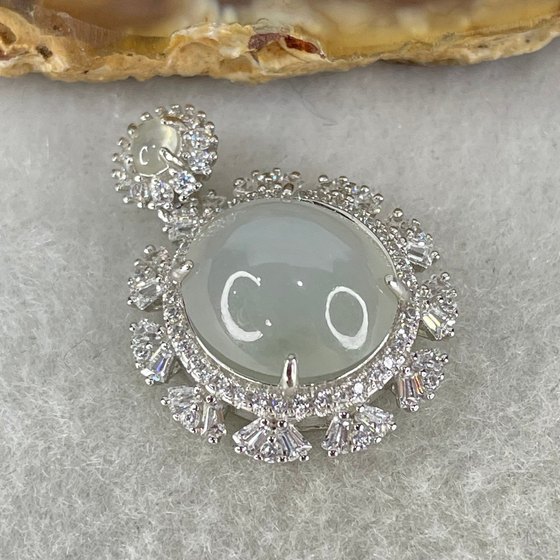 Type A Icy Deep Lavender Cabochon Jadeite in S925 Sliver with Crystal Charm 3.78g 12.8 by 11.9 by 6.0mm - Huangs Jadeite and Jewelry Pte Ltd