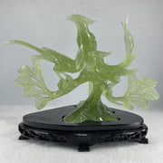 Natural Semi Icy Green Serpentine 3 Phoenix on Tree with Wooden Stand Display 705.1g 242.0 by 140.0 by 195.0mm - Huangs Jadeite and Jewelry Pte Ltd