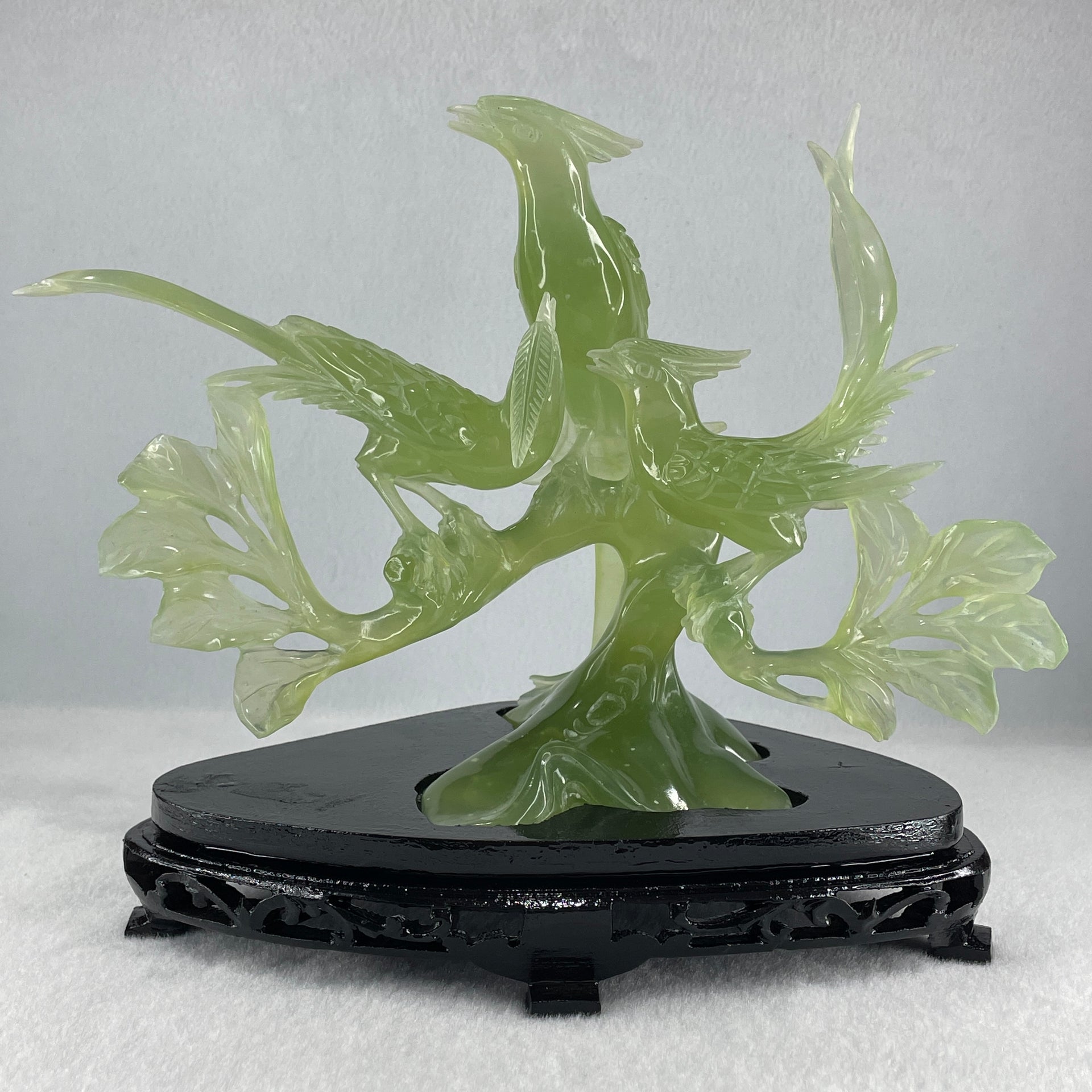 Natural Semi Icy Green Serpentine 3 Phoenix on Tree with Wooden Stand Display 705.1g 242.0 by 140.0 by 195.0mm - Huangs Jadeite and Jewelry Pte Ltd
