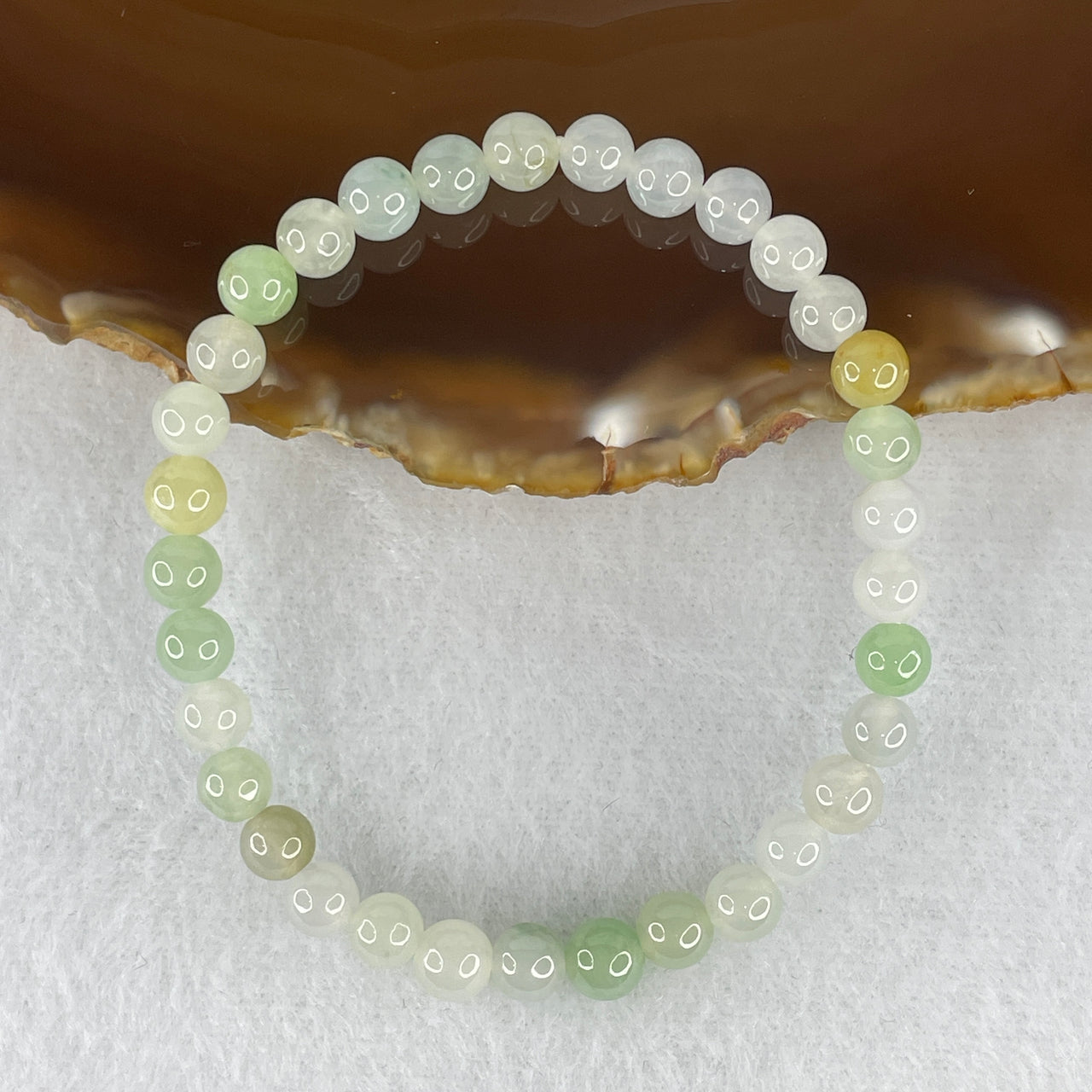 Natural Type A Light Blueish Green Jadeite Bracelet | 16cm Tailored 6.0mm Round Genuine Jade Bead Strand with Yellow Accents (10.87g, 33 Beads)