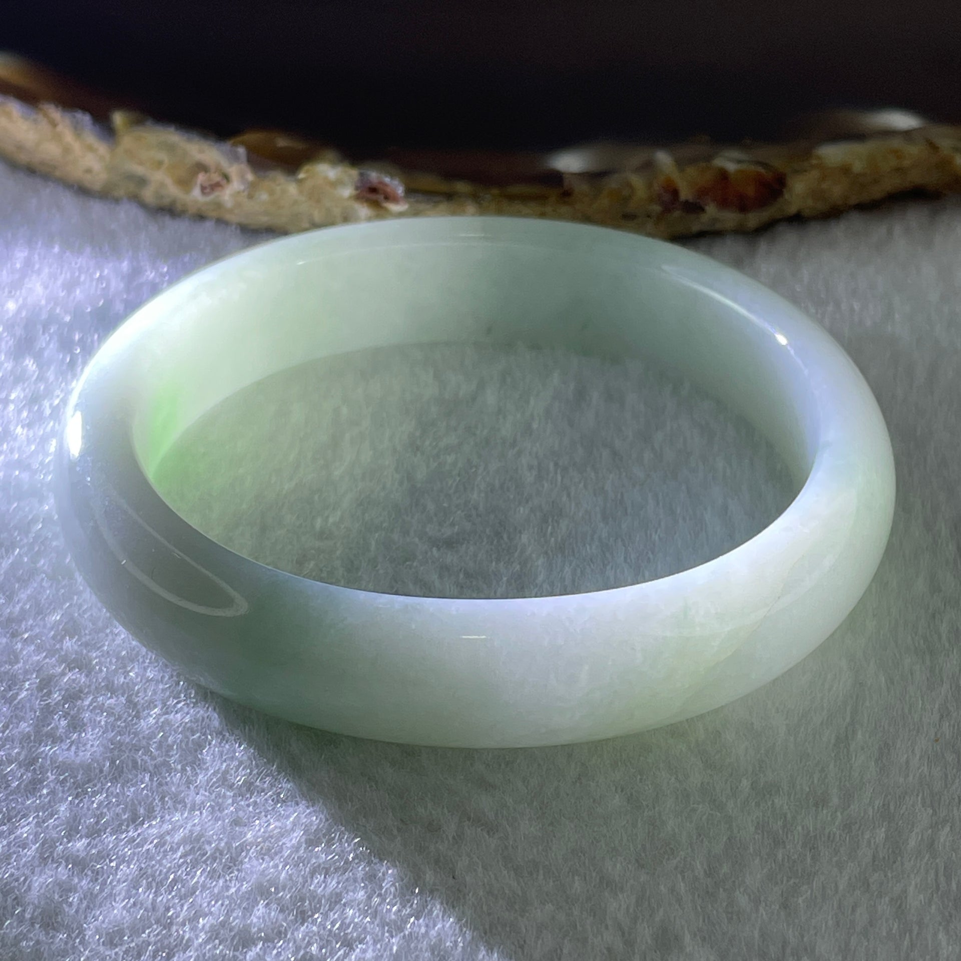 Type A Natural Light Green Faint Lavender with Emerald Green Patches Jadeite Oval Bangle 40.95g Inner Diameter 53.7mm 12.2 by 7.0mm (Internal Line) - Huangs Jadeite and Jewelry Pte Ltd