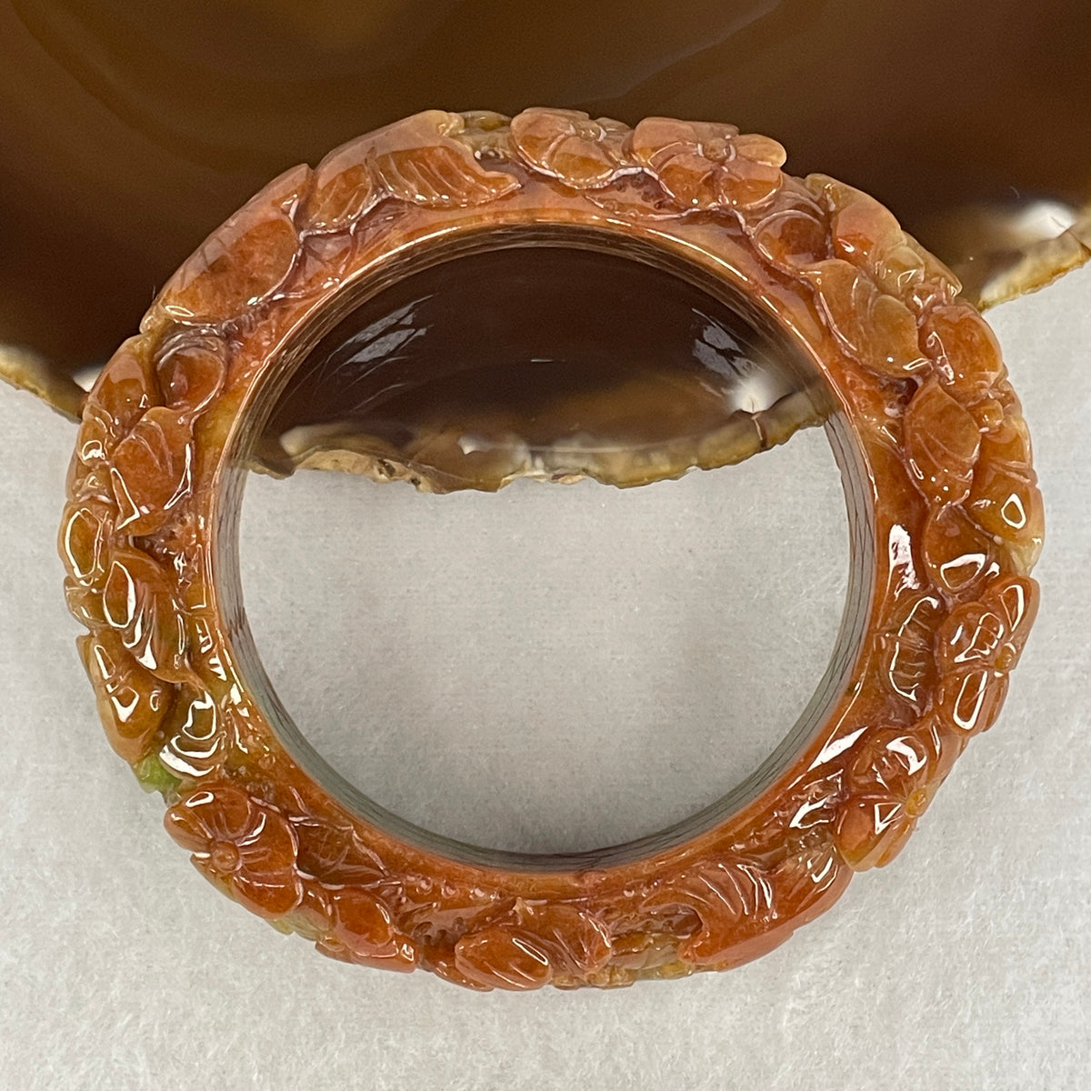 Natural Type A Reddish Jadeite Carved Bangle | 55.2mm Inner Diameter (117.52g | 19.0x15.2mm | Auspicious Bird & Prosperity Flowers Carving | Root & Heart Chakra Abundance Shield)
