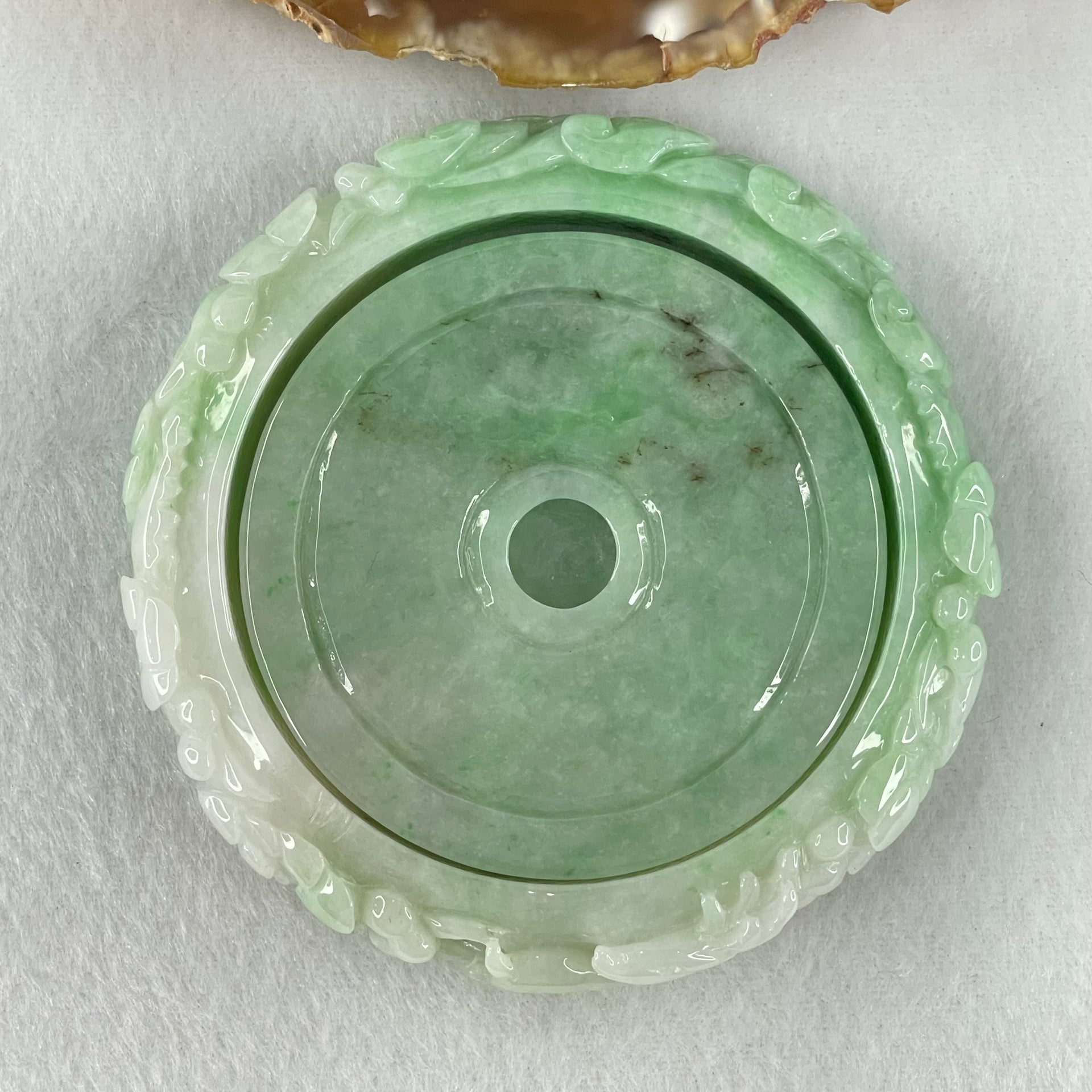 Type A Green with Faint Lavender Jadeite Deer with Ruyi and Flowers Bangle Inner Diameter 60.5mm 12.9 by 10.6mm and Pendant 58.6 by 12.9mm Total 153.67g - Huangs Jadeite and Jewelry Pte Ltd