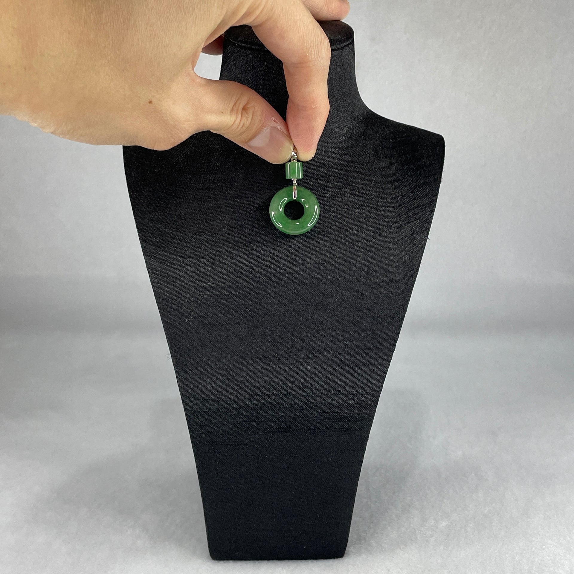 Type A Blueish Green Jadeite Ping An Kou Donut 18.5 by 4.9mm Lulu Tong 5.9 by 6.2mm in 18k White Gold Pendant 3.83g - Huangs Jadeite and Jewelry Pte Ltd