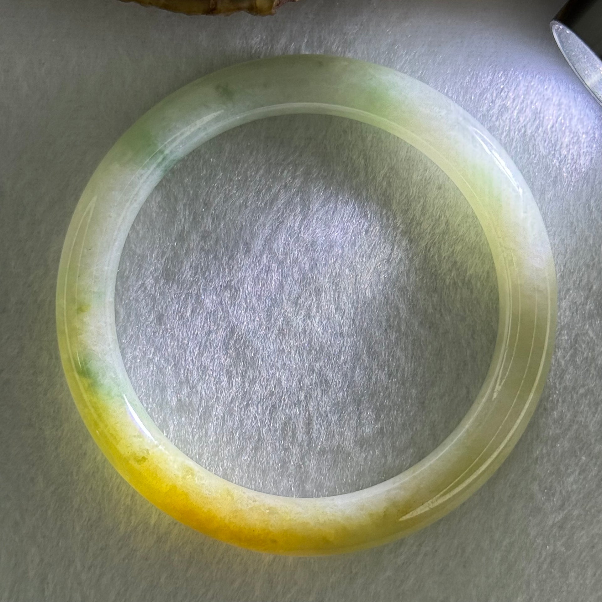Type A Light Green with Yellow and Blueish Green Patches Jadeite Bangle Internal Diameter 52.0mm 32.14g 7.9 by 8.0mm (Slight Internal Lines) - Huangs Jadeite and Jewelry Pte Ltd