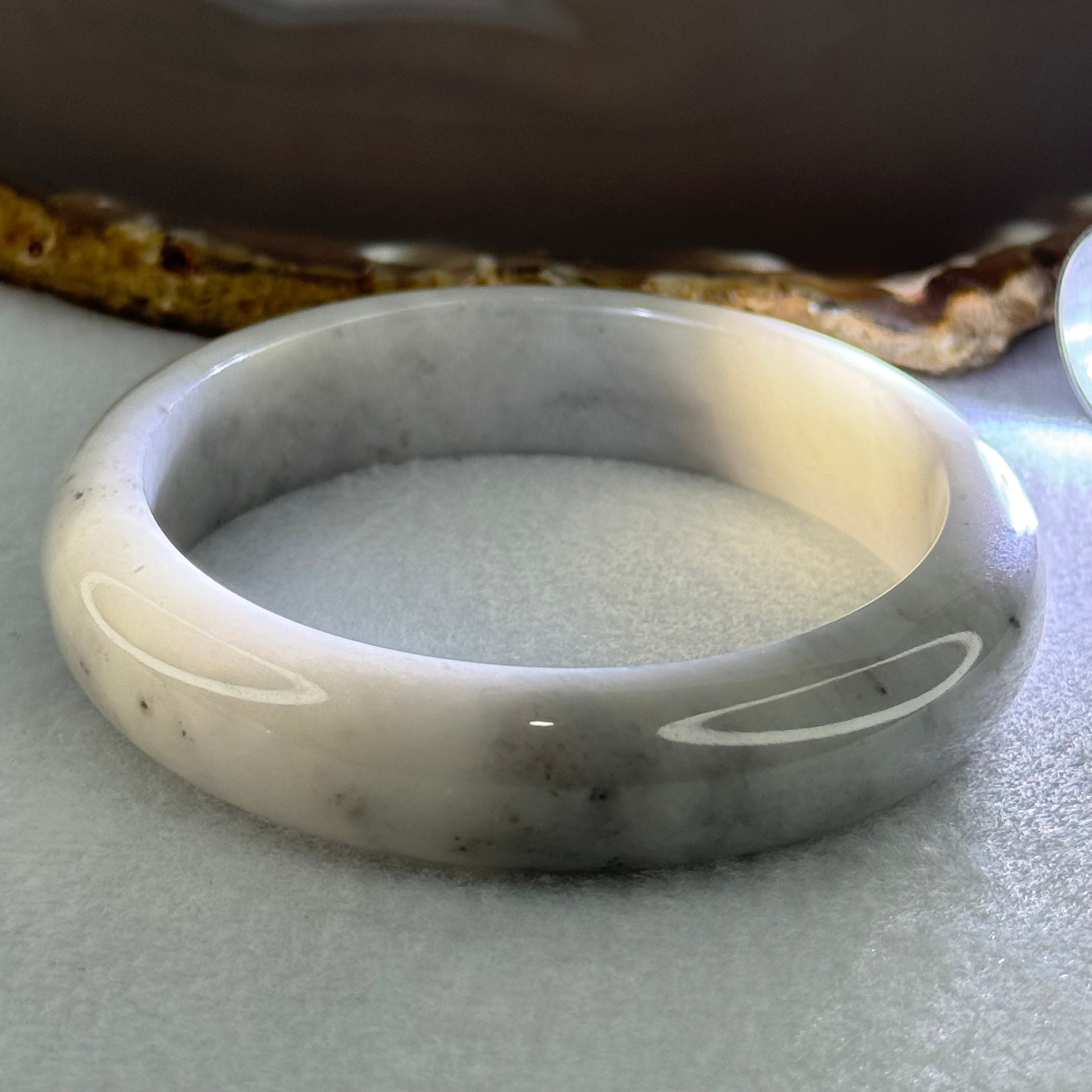 Type A Faint Green Grey Wuji Piao Hua Jadeite Bangle Internal Diameter 58.8mm 68.72g 14.6 by 8.8mm (Very Slight Internal Lines) - Huangs Jadeite and Jewelry Pte Ltd