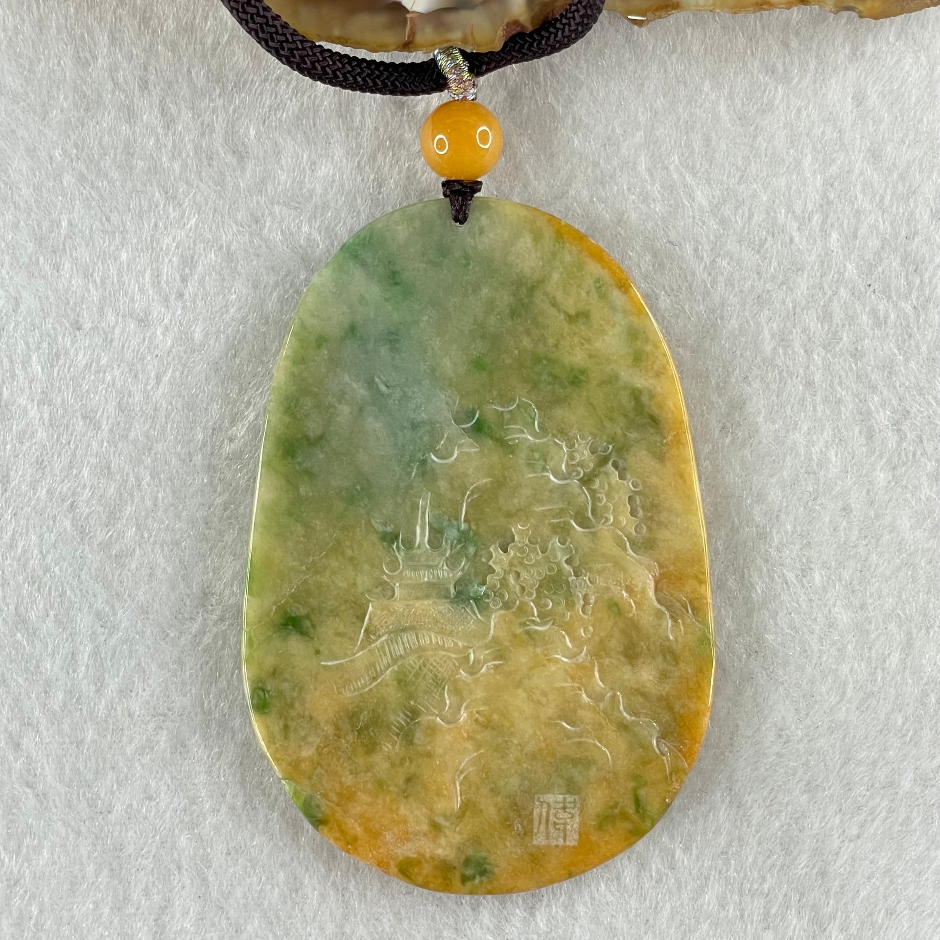 Grandmaster Type A Reddish Brown with Green Patches Jadeite Shan Shui with Twin Gui Ren Benefactor Pendant 黄山美景 36.38g 64.7 by 43.9 by 6.5mm - Huangs Jadeite and Jewelry Pte Ltd