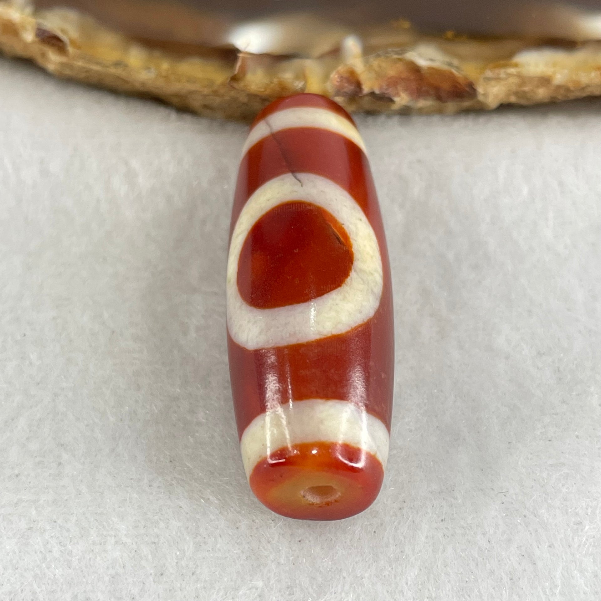 Natural Powerful Tibetan Old Oily Red White Agate One Eye Gold Metal Element Dzi Bead Heavenly Master (Tian Zhu) 一眼金天珠 10.95g 37.5 by 13.6mm - Huangs Jadeite and Jewelry Pte Ltd