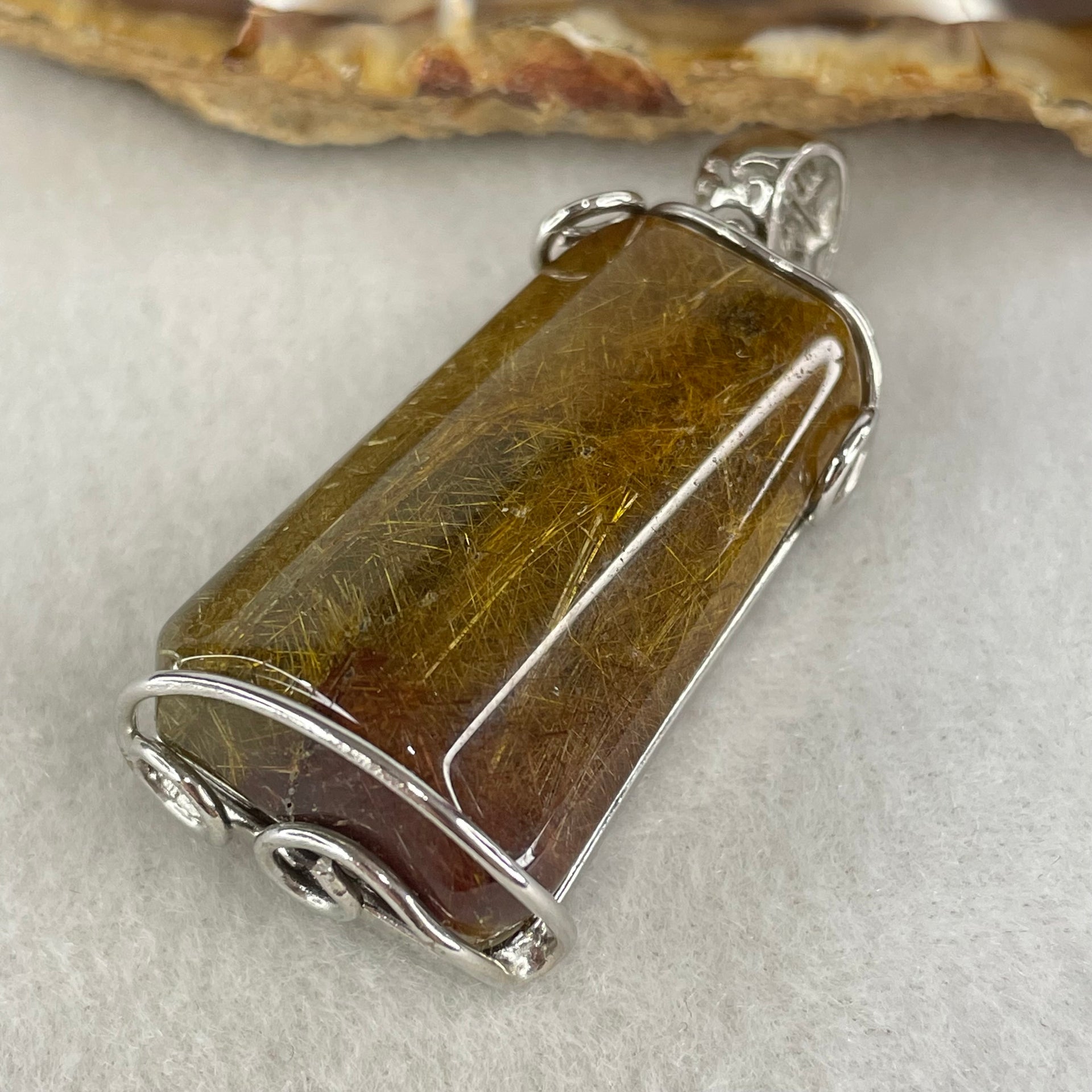 Good Grade Natural Copper Rutilated Quartz Rectangle Shape in S925 Silver Pendant 16.69g 35.0 by 19.8 by 12.9mm - Huangs Jadeite and Jewelry Pte Ltd