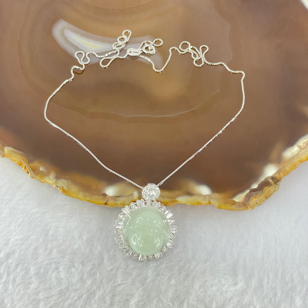 Type A Faint Green Lavender Milo Buddha with Crystals in S925 Sliver Pendant and Necklace 6.77g 16.5 by 16.5 by 7.5mm - Huangs Jadeite and Jewelry Pte Ltd