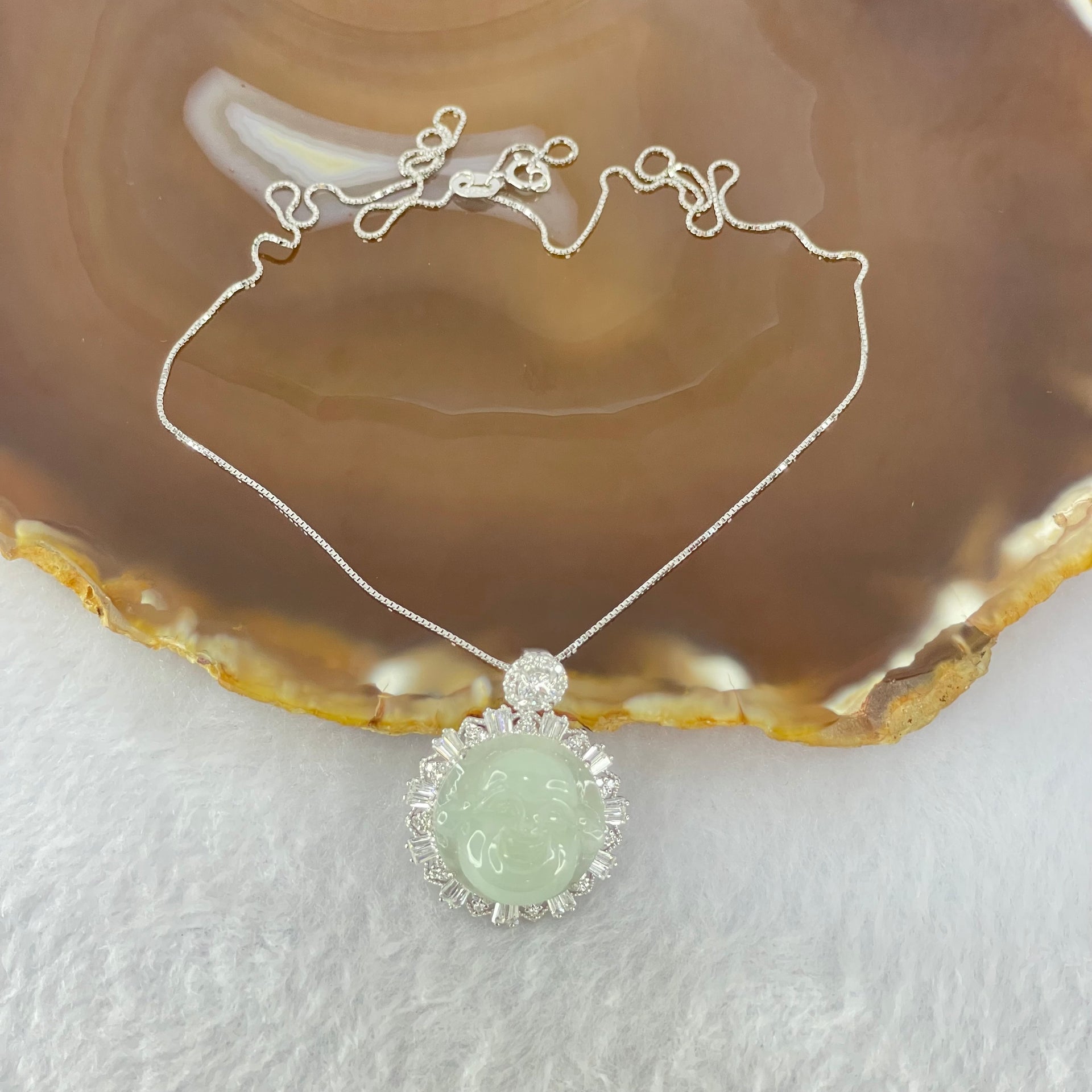 Type A Faint Green Lavender Milo Buddha with Crystals in S925 Sliver Pendant and Necklace 6.77g 16.5 by 16.5 by 7.5mm - Huangs Jadeite and Jewelry Pte Ltd