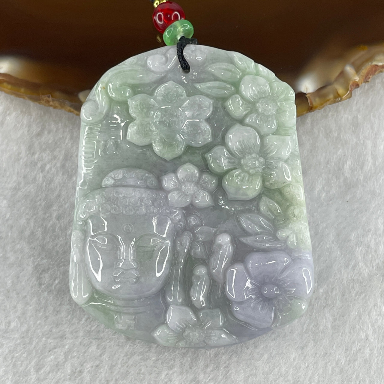 Natural Type A Lavender with Light Green Jadeite Buddha Flowers and People Seeking Enlightenment Pendant 72.02g 54.4 by 43.8 by 13.6mm