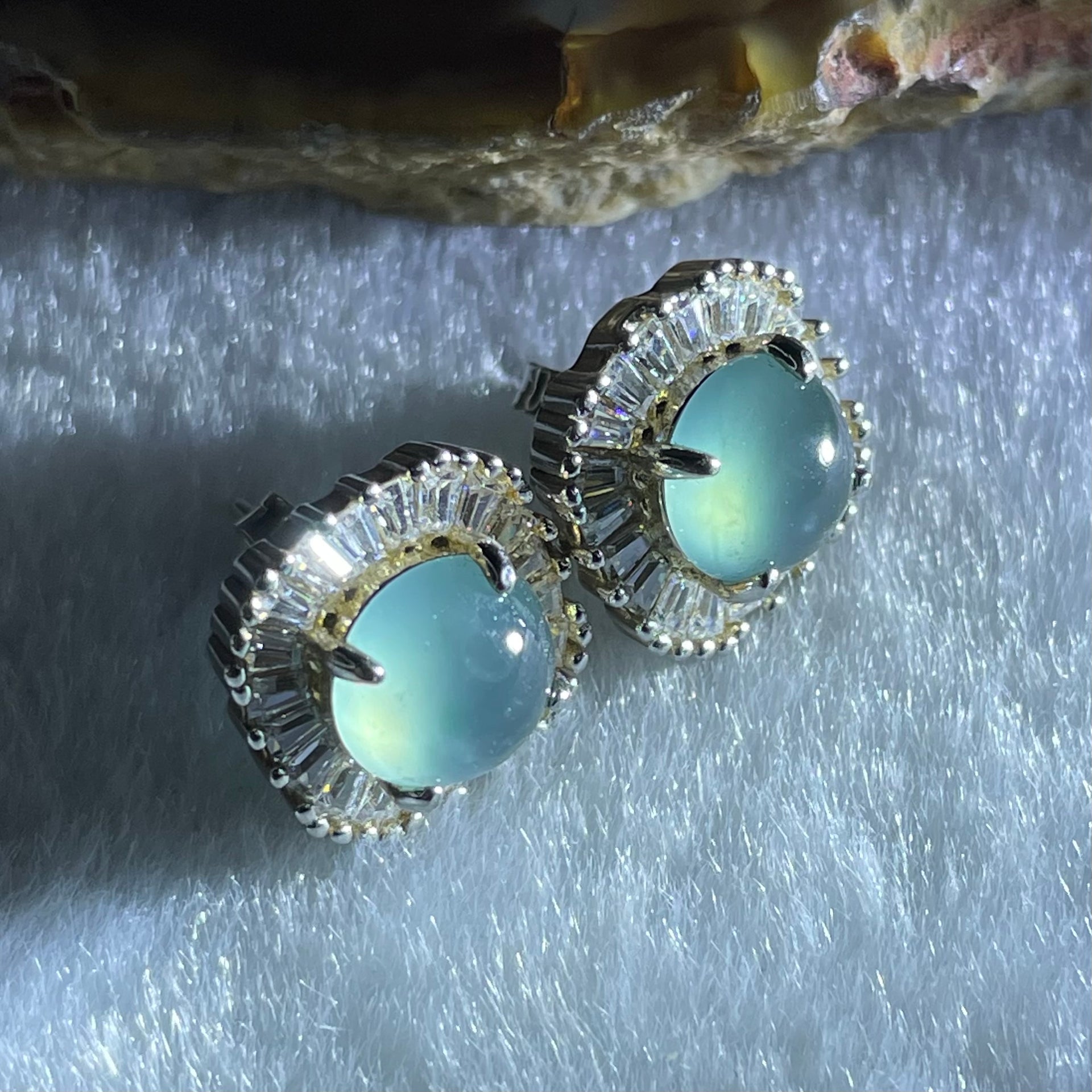 Type A Icy Blueish Green Jadeite Cabochons With Crystals in S925 Sliver Earrings 3.72g 7.1 by 4.5mm - Huangs Jadeite and Jewelry Pte Ltd