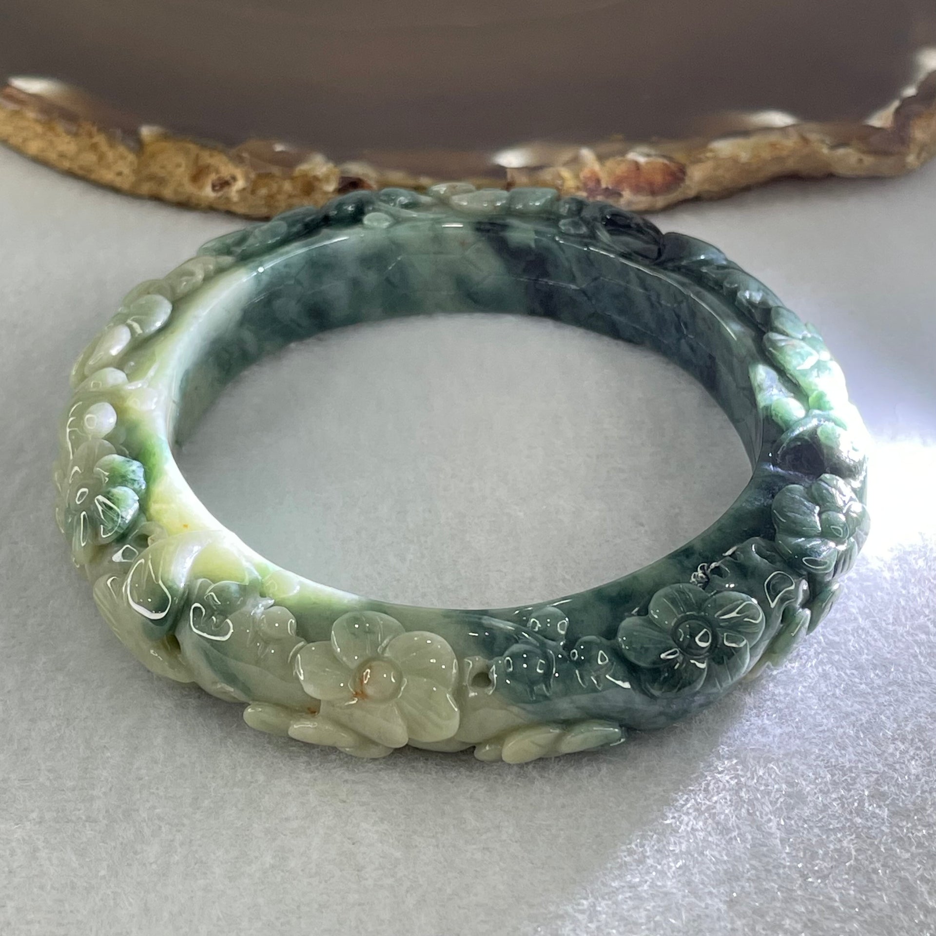 Type A Demin Blue with Light Blueish Green Jadeite Twin Birds with Prosperity Flowers Bangle Inner Diameter 57.4mm 12.4 by 11.9mm and Pendant 55.3 by 13.1mm Total Weight 156.22g - Huangs Jadeite and Jewelry Pte Ltd