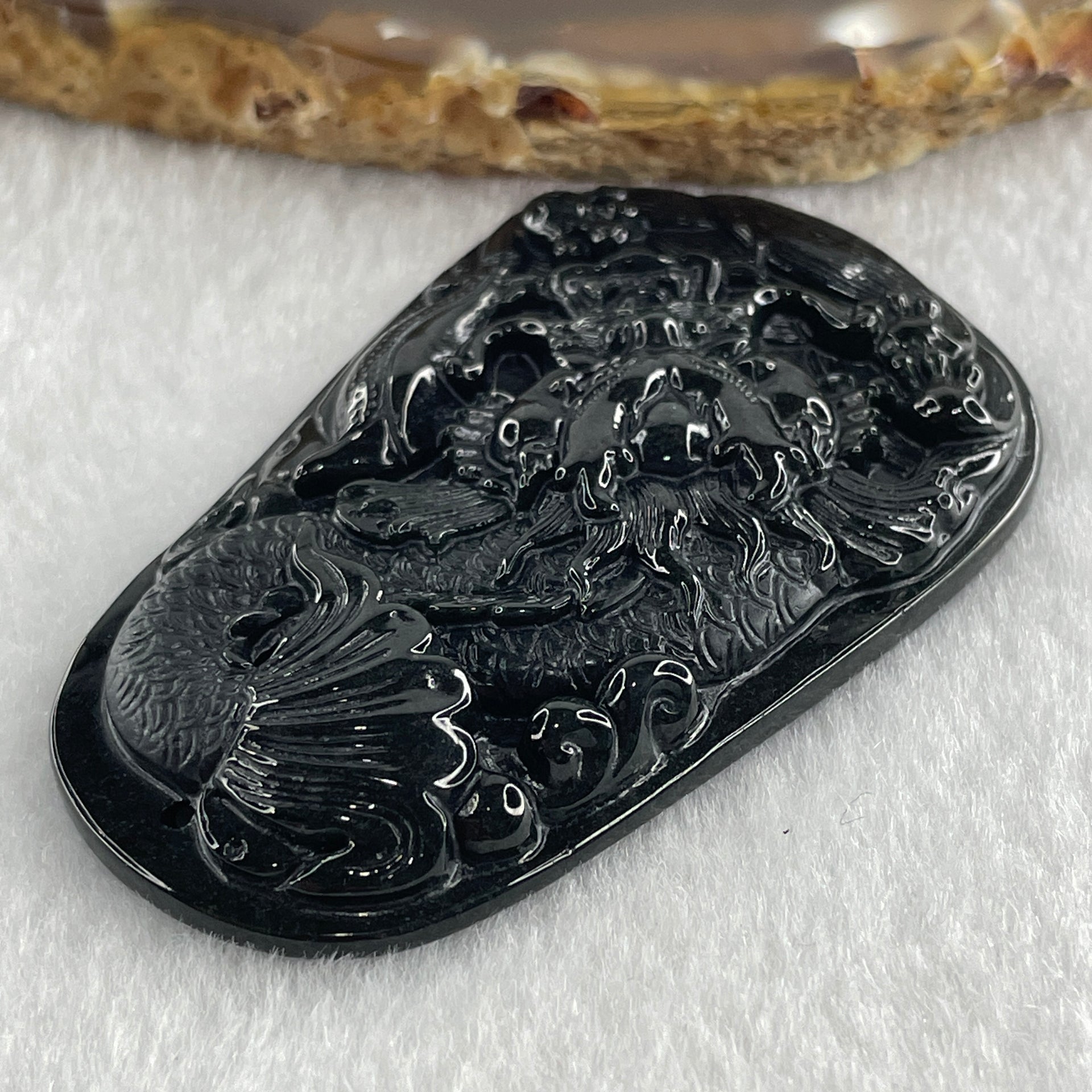Type A Opaque to Partial Translucent Black Omphacite Jadeite Dragon Carp Pendant 20.39g 57.5 by 36.6 by 7.5mm - Huangs Jadeite and Jewelry Pte Ltd